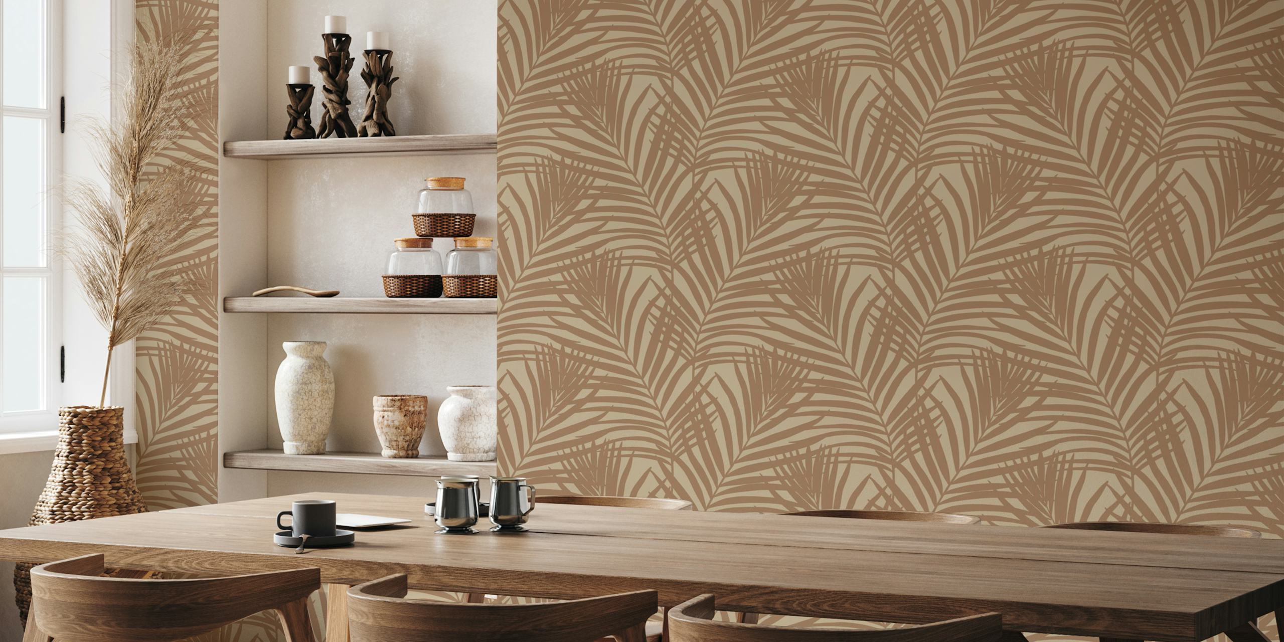 Tropical palm leaves in warm beige tones wallpaper