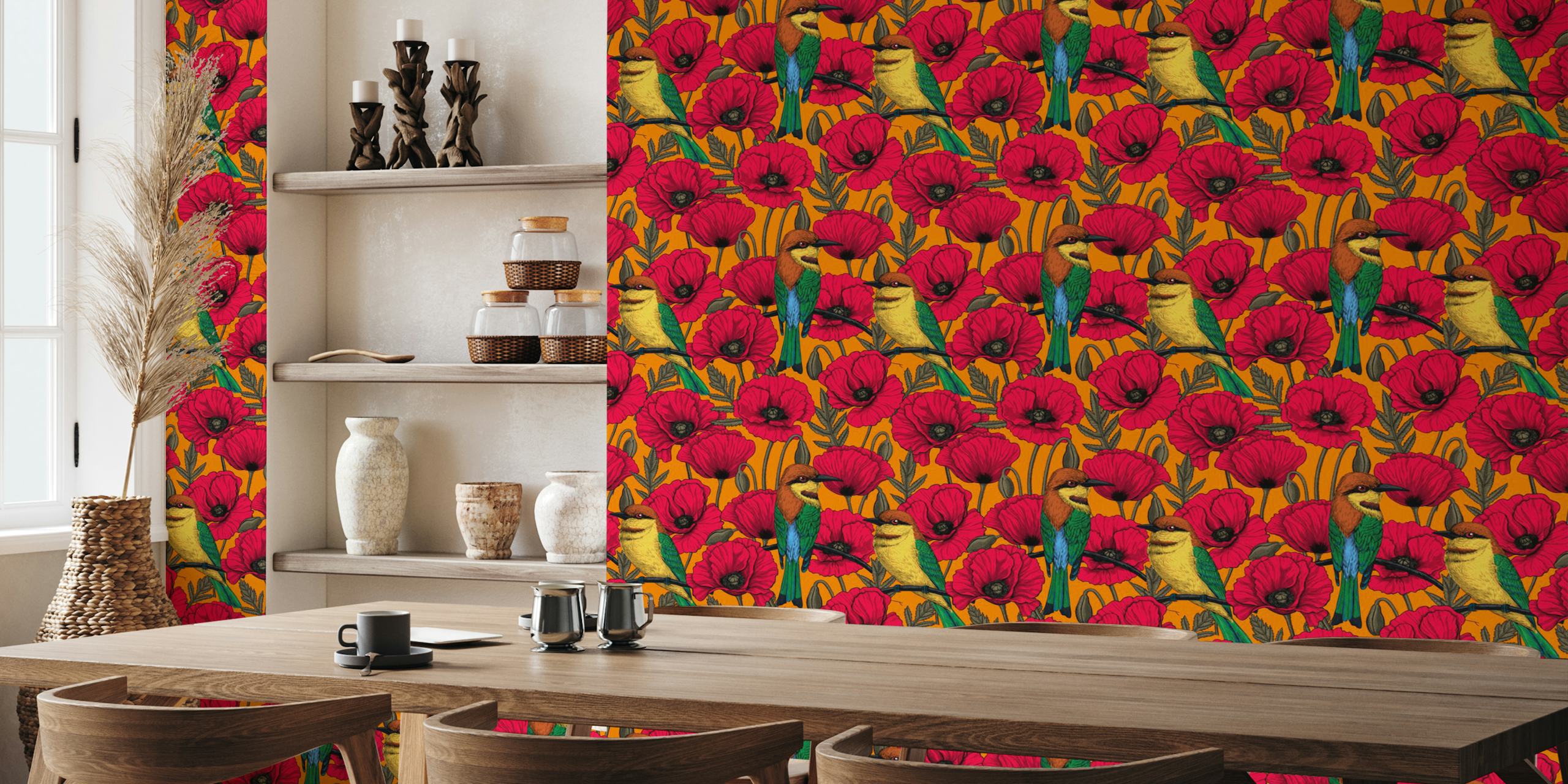 Bee eaters and poppies wallpaper design