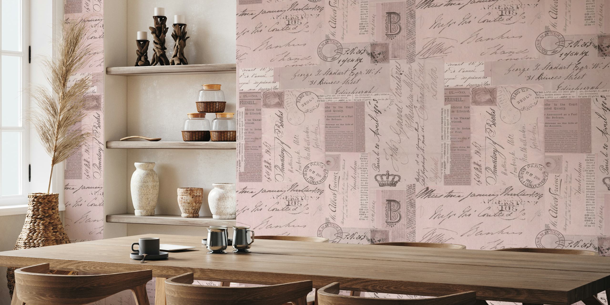 Vintage letters and postcards pattern in pastel pink wallpaper