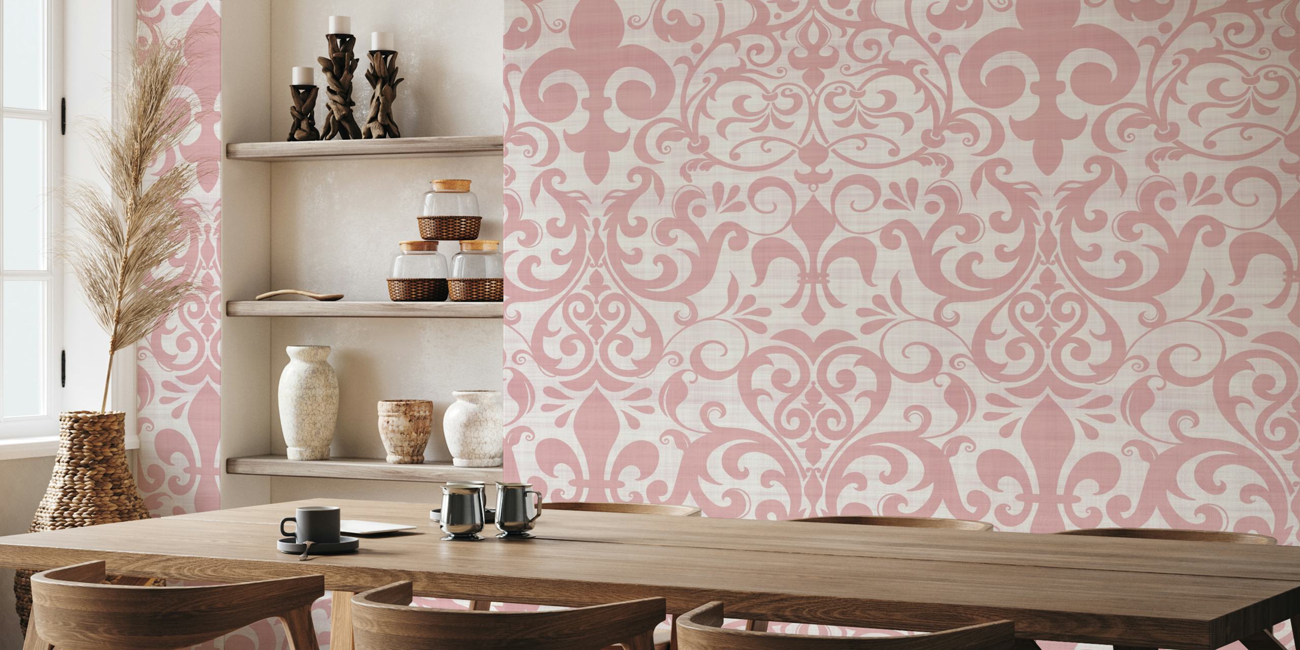 Pink floral damask pattern wallpaper with elegant swirls and motifs
