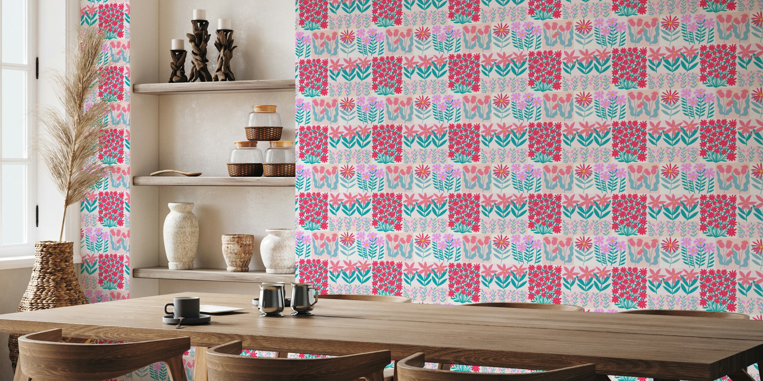Colorful graphic flowers in pink and teal patterns wallpaper