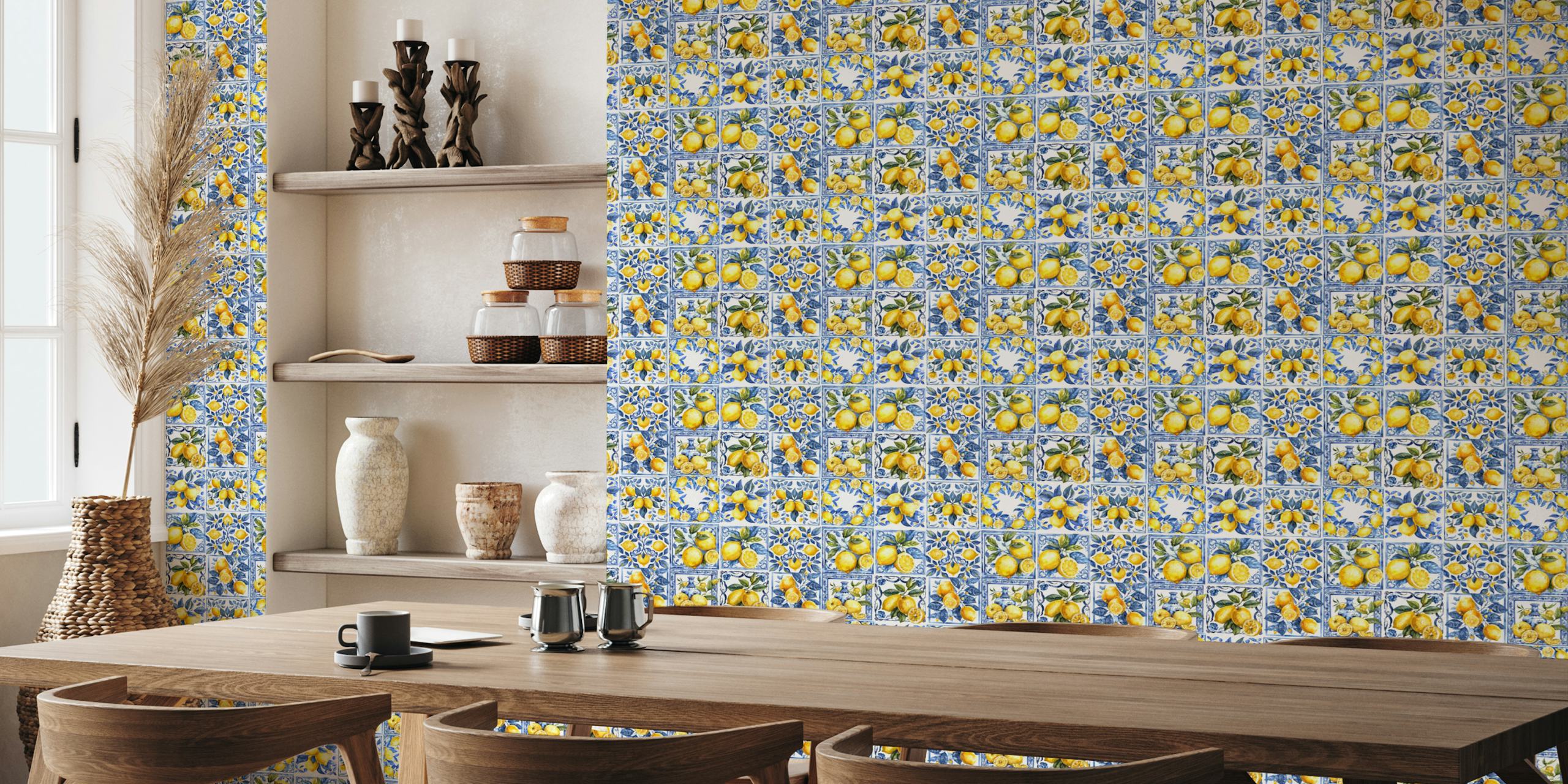 Kesäiset Välimeren laatat Lemons-seinämaalauksella, jossa on kirkkaankeltaisia sitruunoita ja sinisiä koristeellisia laattoja