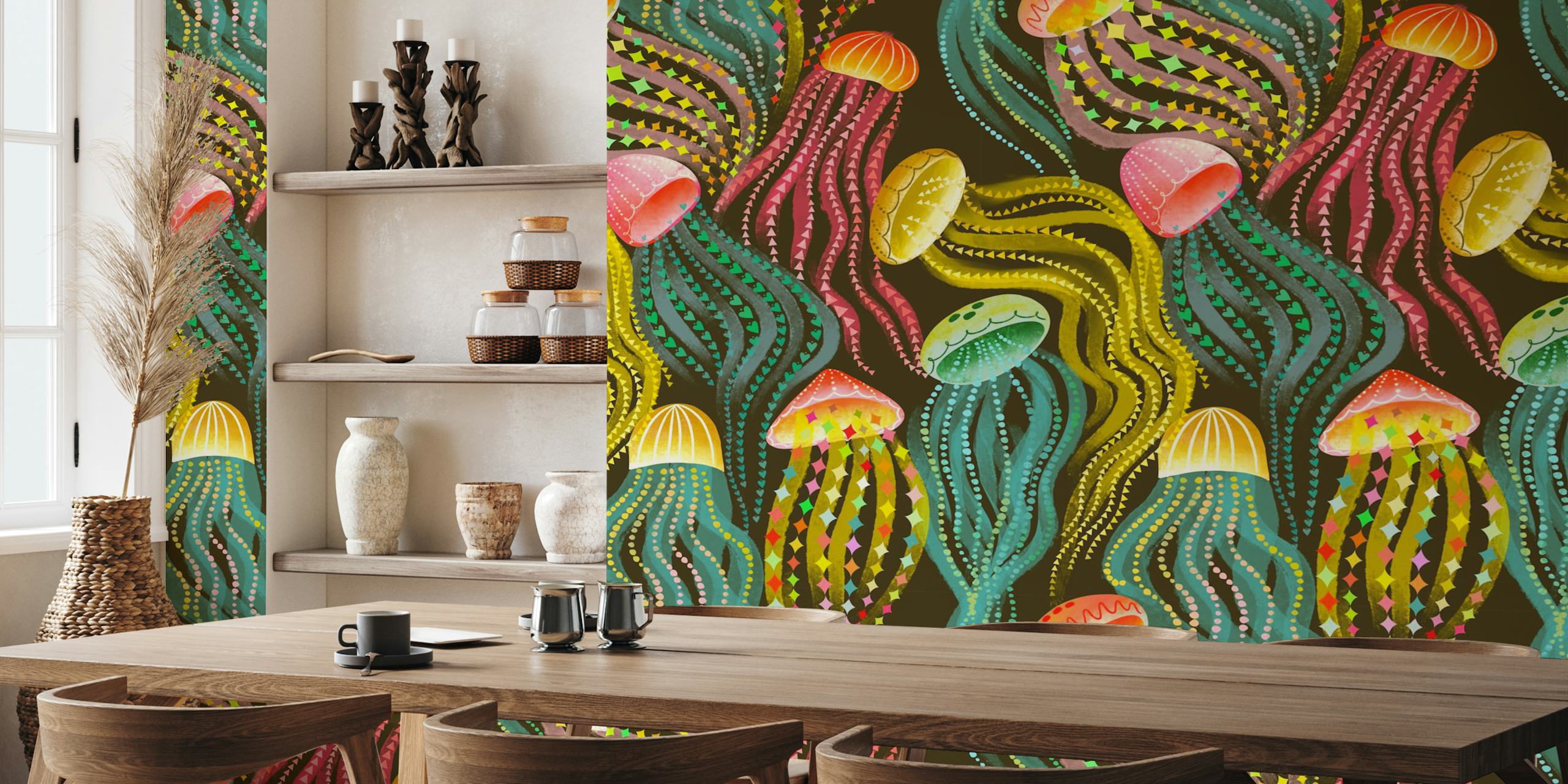 Colorful jellyfish mural with dynamic patterns on a dark background