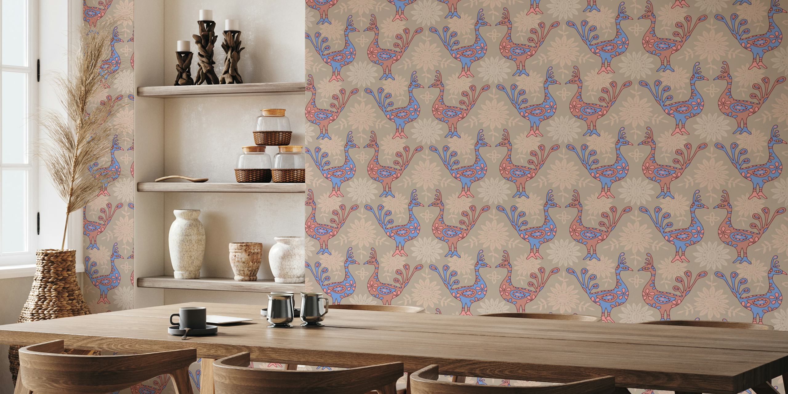 Peacock Garden papel tapiz boho en una habitación