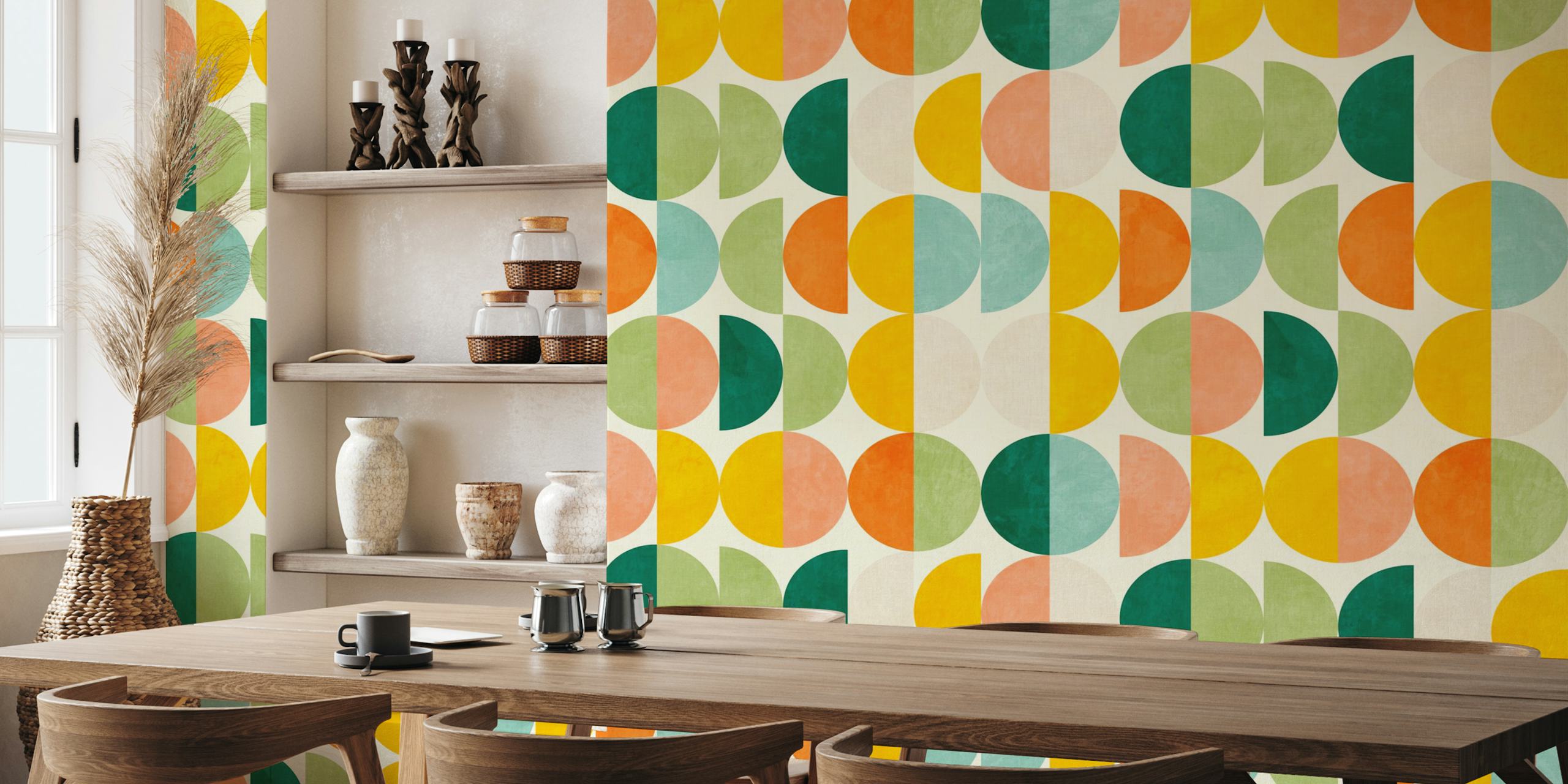 Colorful semicircles in orange, green, blue; geometric wallpaper