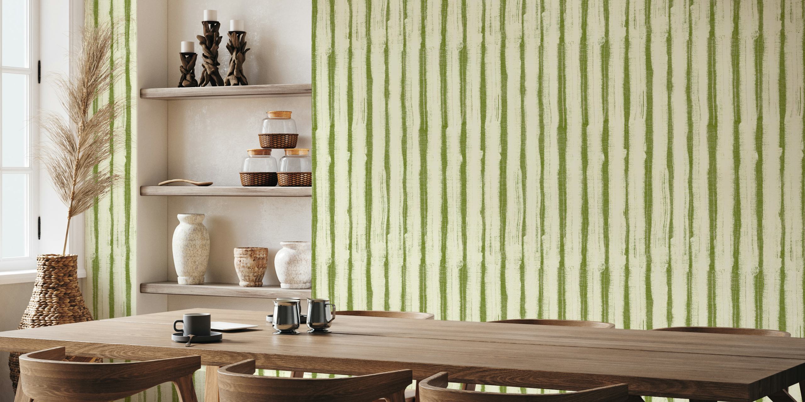 Green and cream striped wallpaper with textured pattern