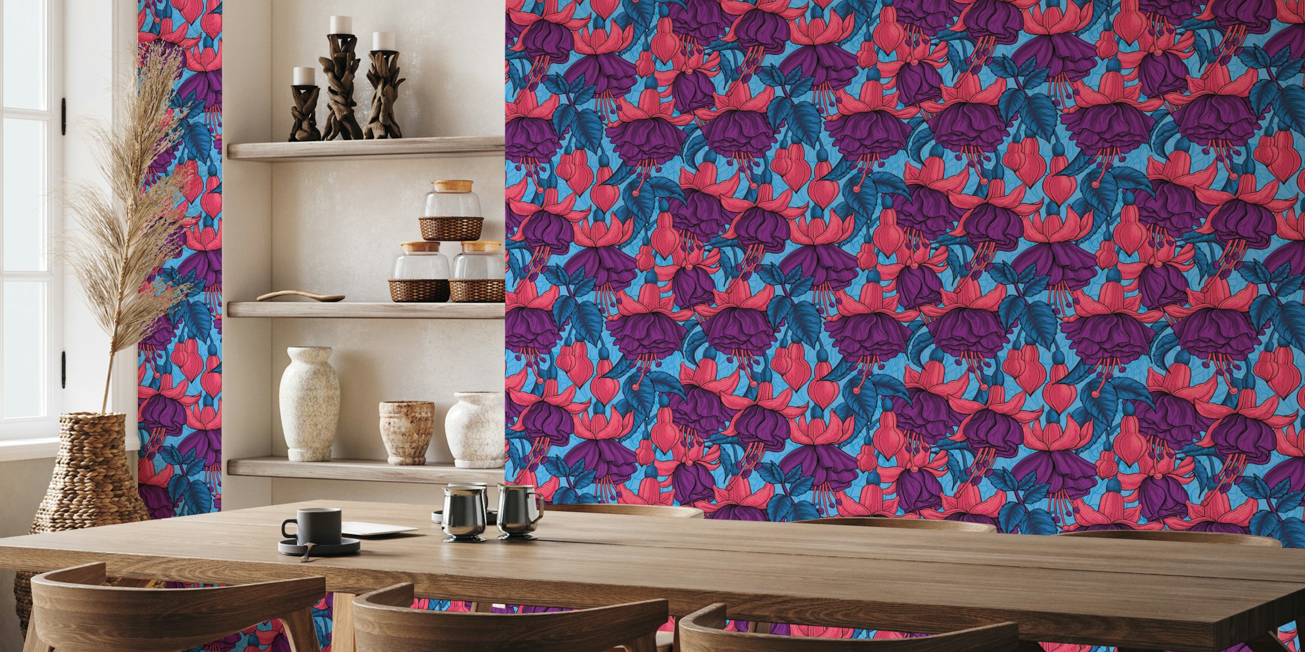 Fuchsia floral wallpaper in a room