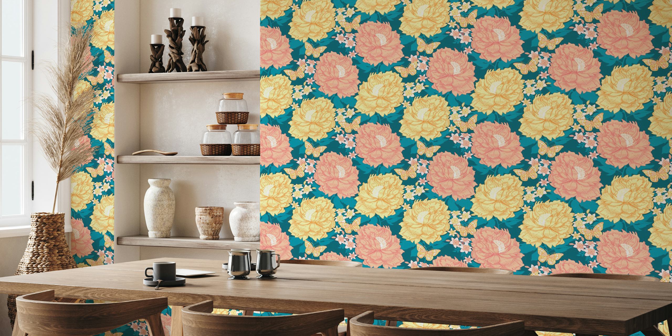 Lush peony flowers wallpaper in a room