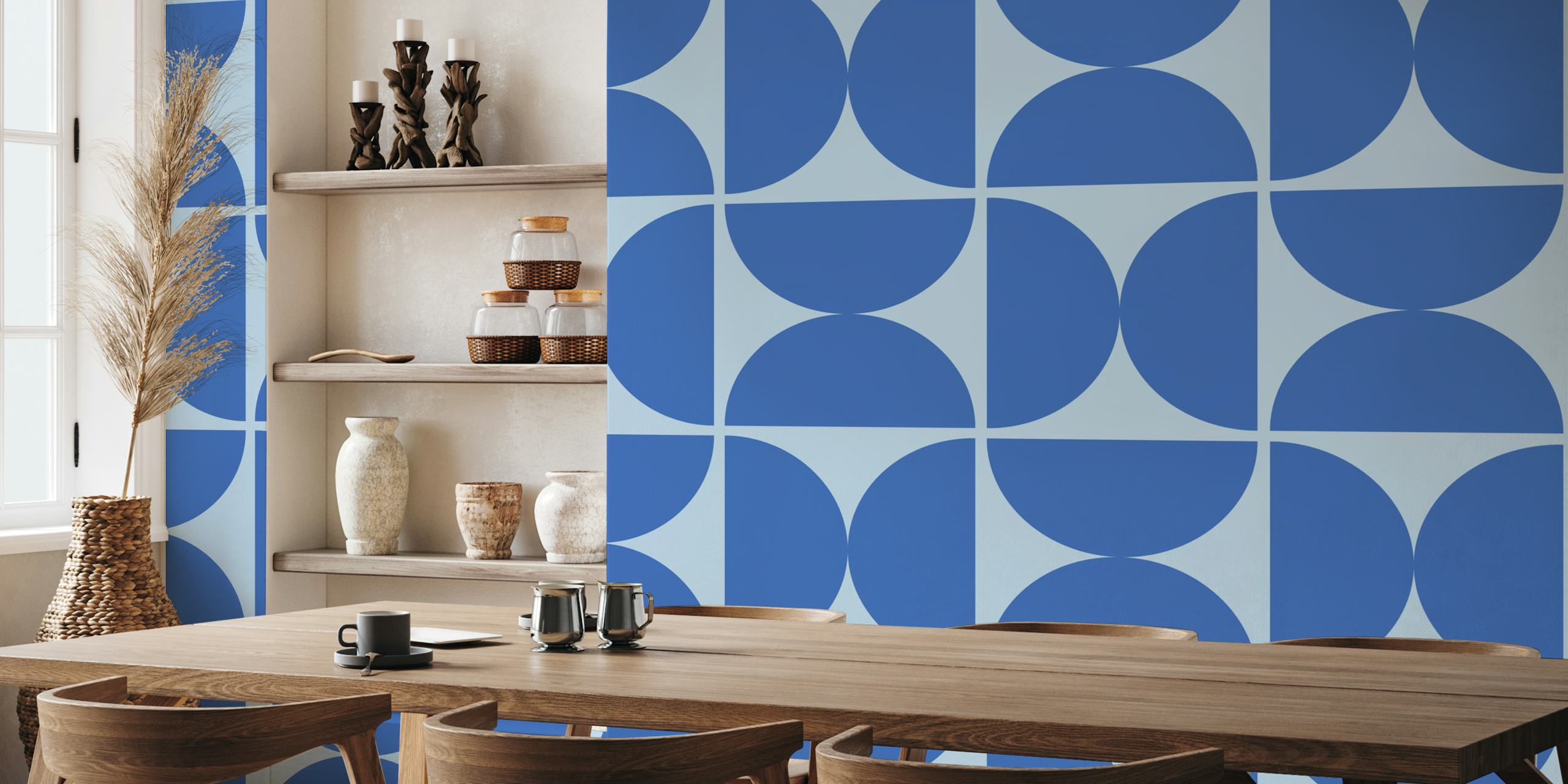 Geometric semicircle pattern in cobalt blue and air blue wallpaper