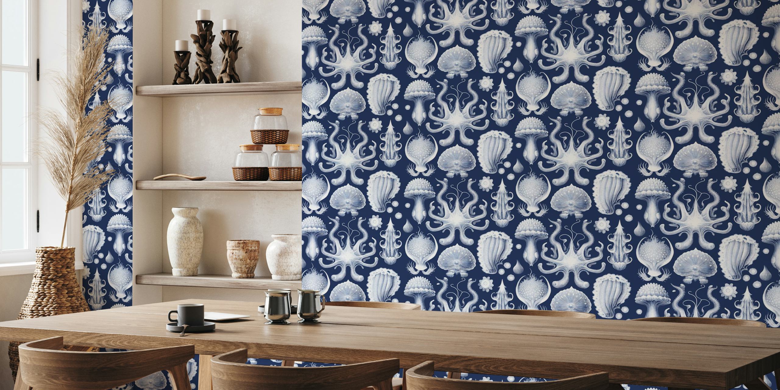 Strange Mollusks Toile de Jouy wallpaper in a room
