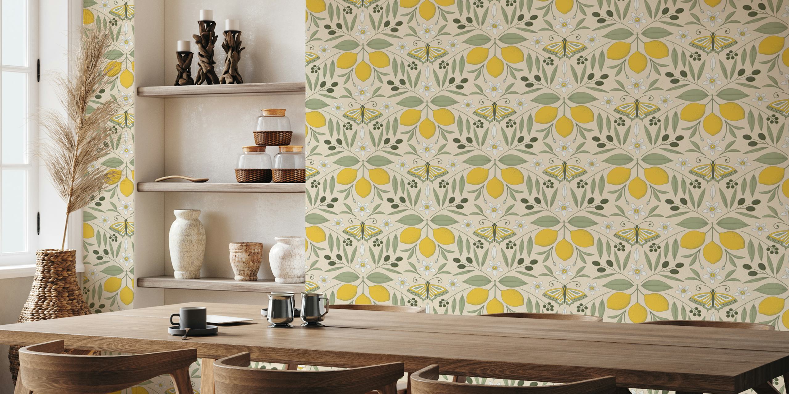 Lemon and olive pattern with butterflies on cream wallpaper