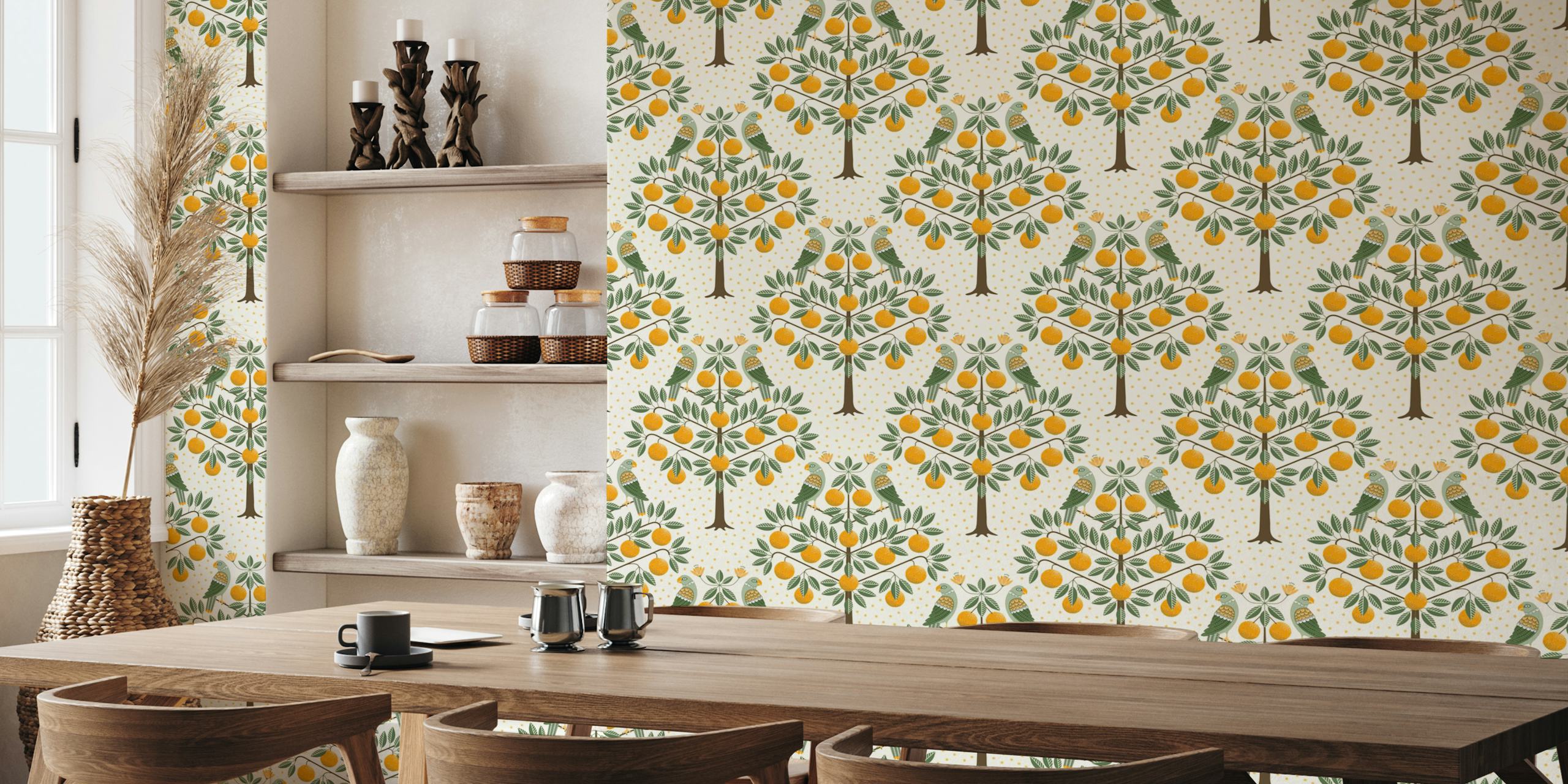 Parrots and orange tree design with green leaves and orange fruit wallpaper