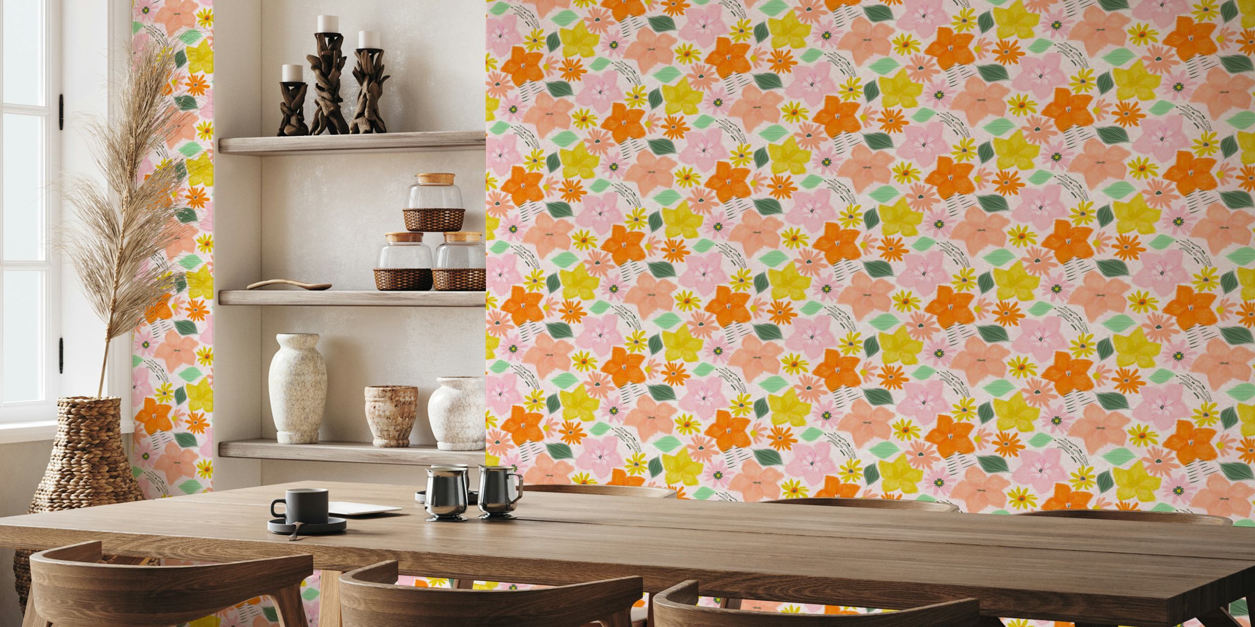 Colorful floral pattern with orange and pink flowers on a light pink background wallpaper