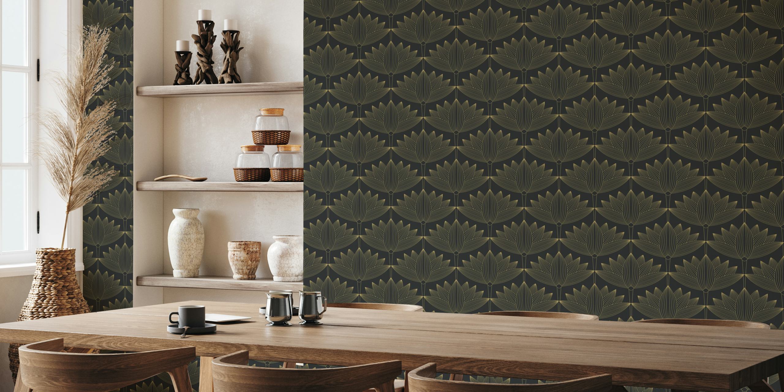 Lotus Art Deco behang in zwart en goud