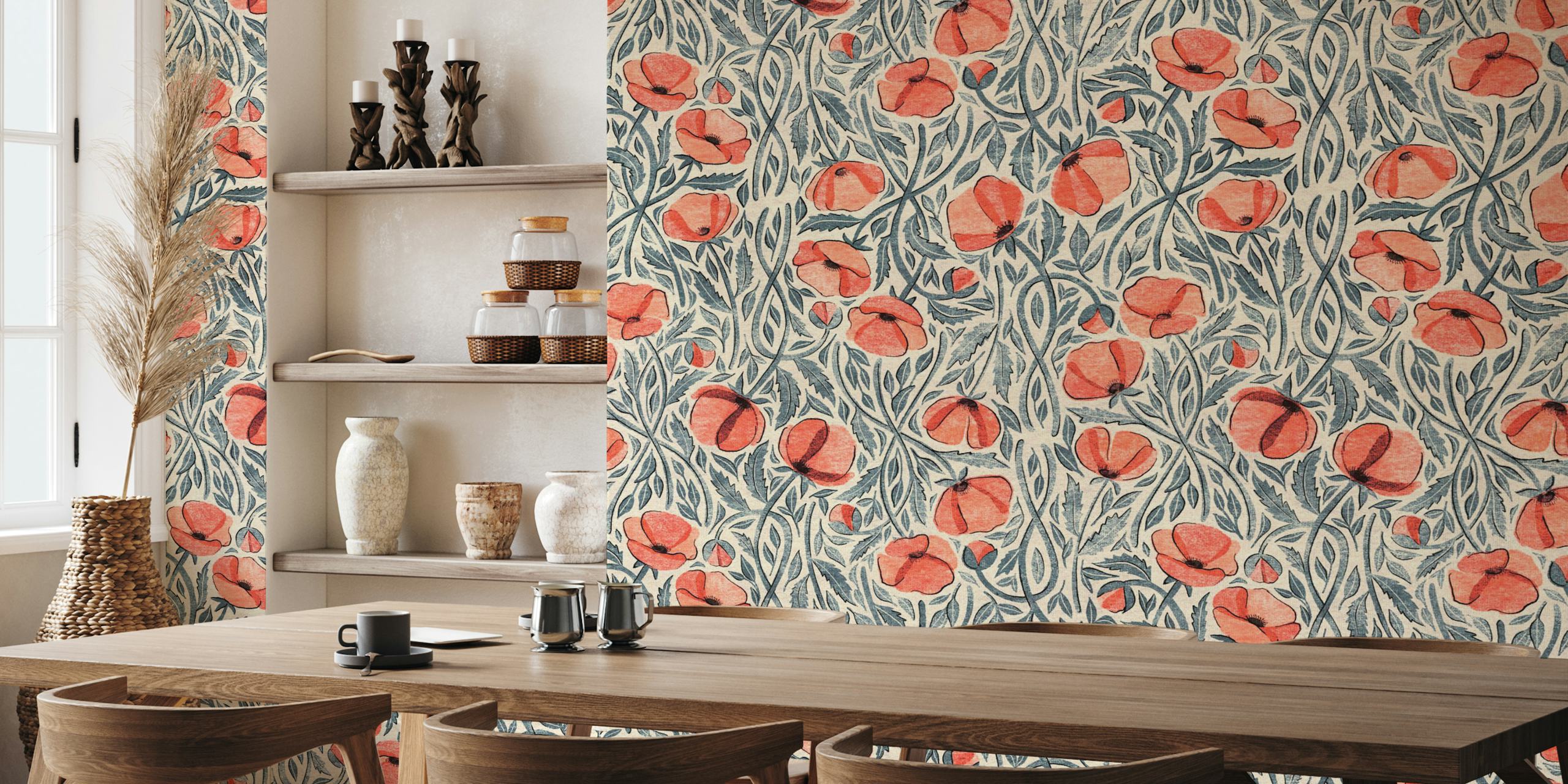 Diseño de papel pintado Peachy Coral Scattered Poppies