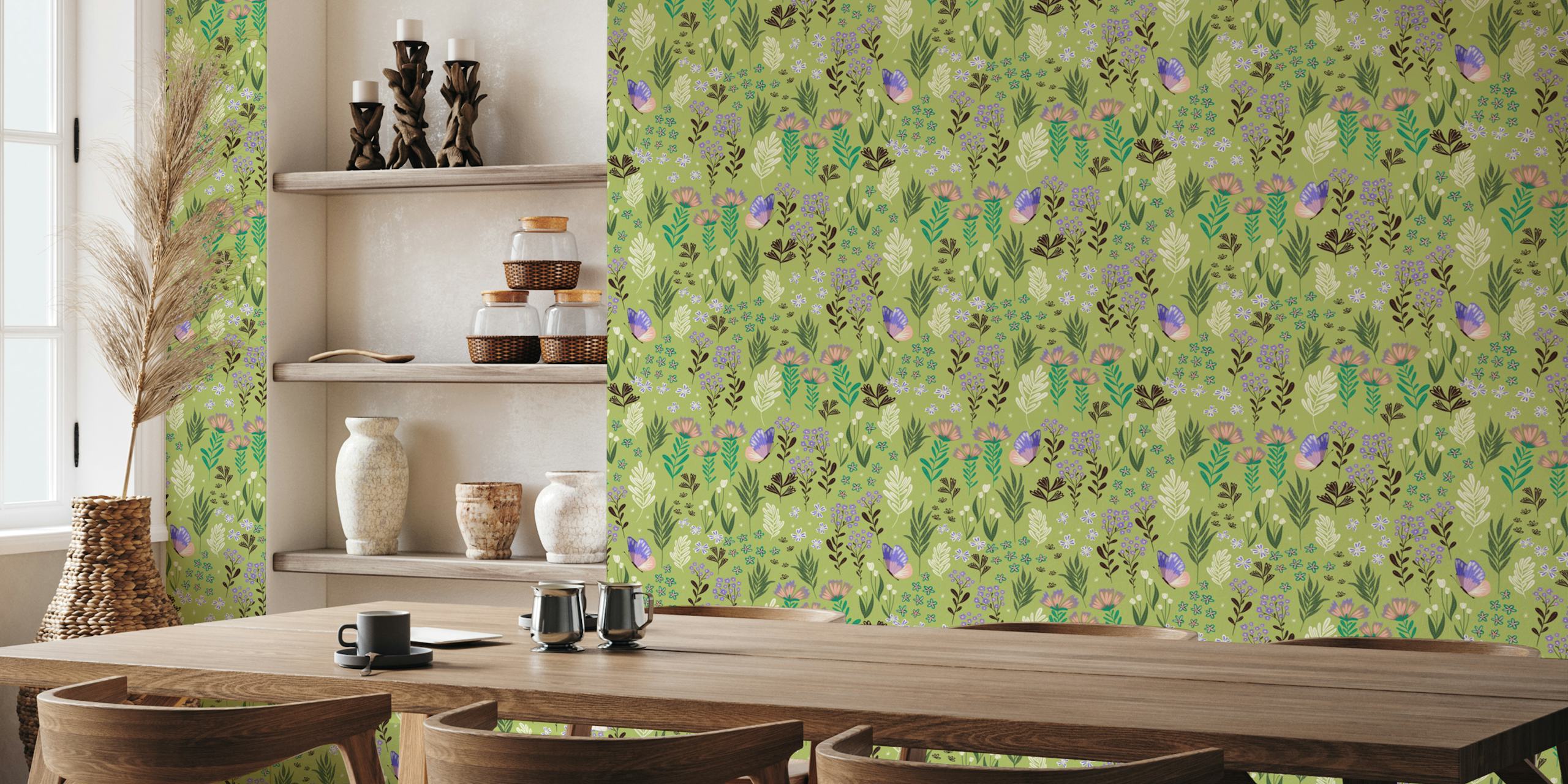 Floral green wallpaper with butterflies and various colorful flowers