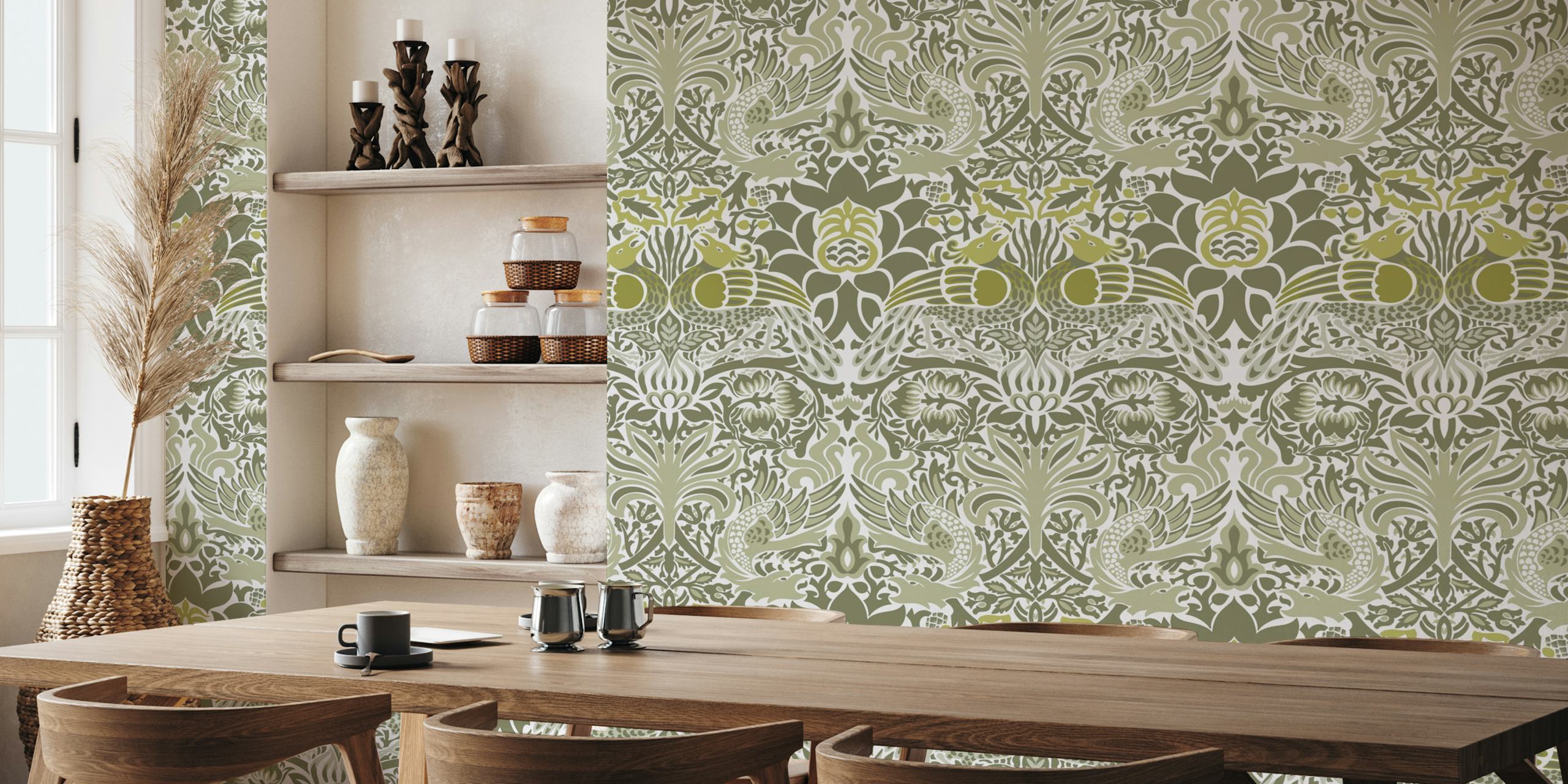 Victorian Peacock and Dragon pattern wall mural depicting a detailed and ornate design in shades of green