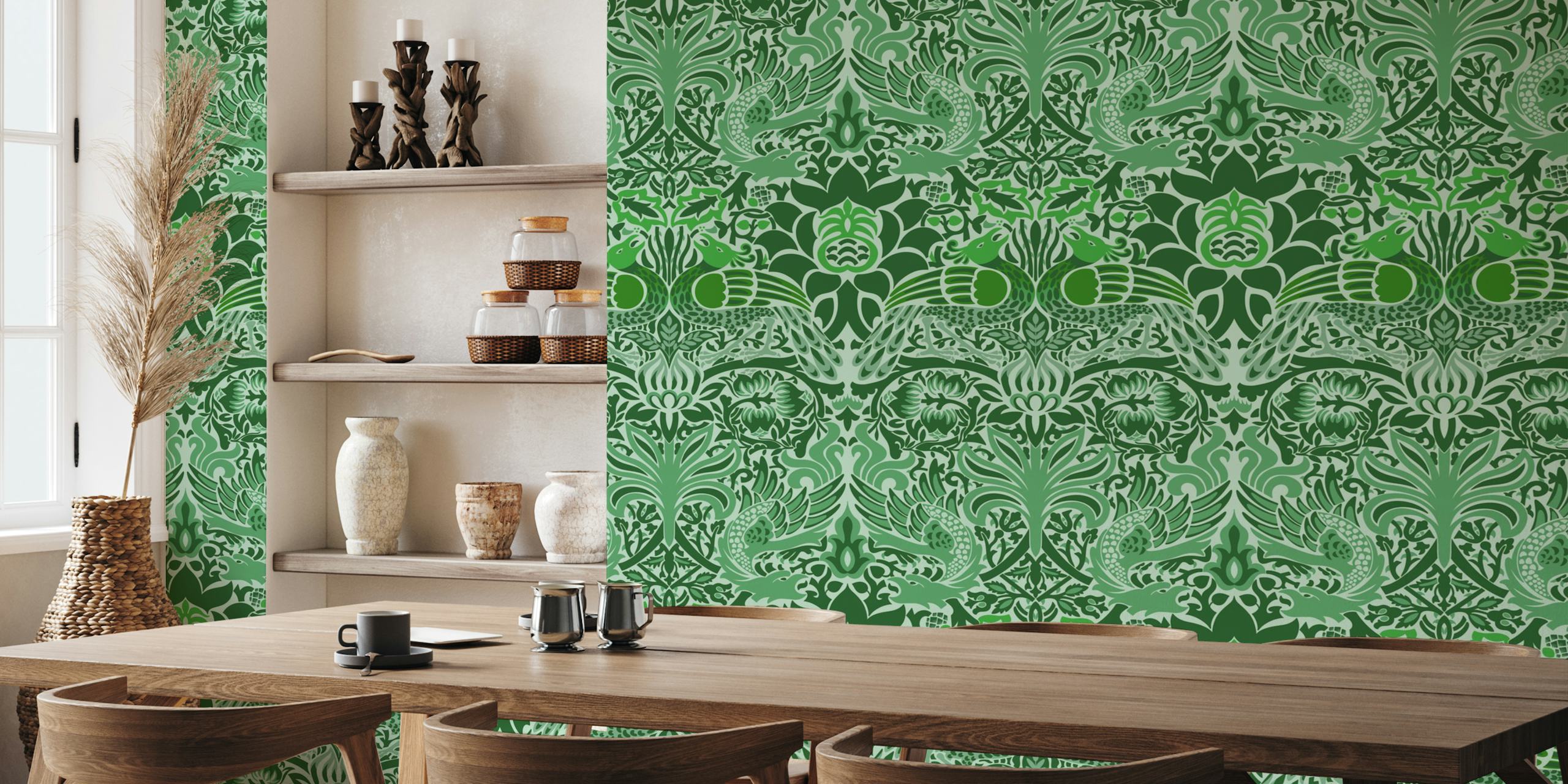 Green peacock and dragon pattern wallpaper with floral elements