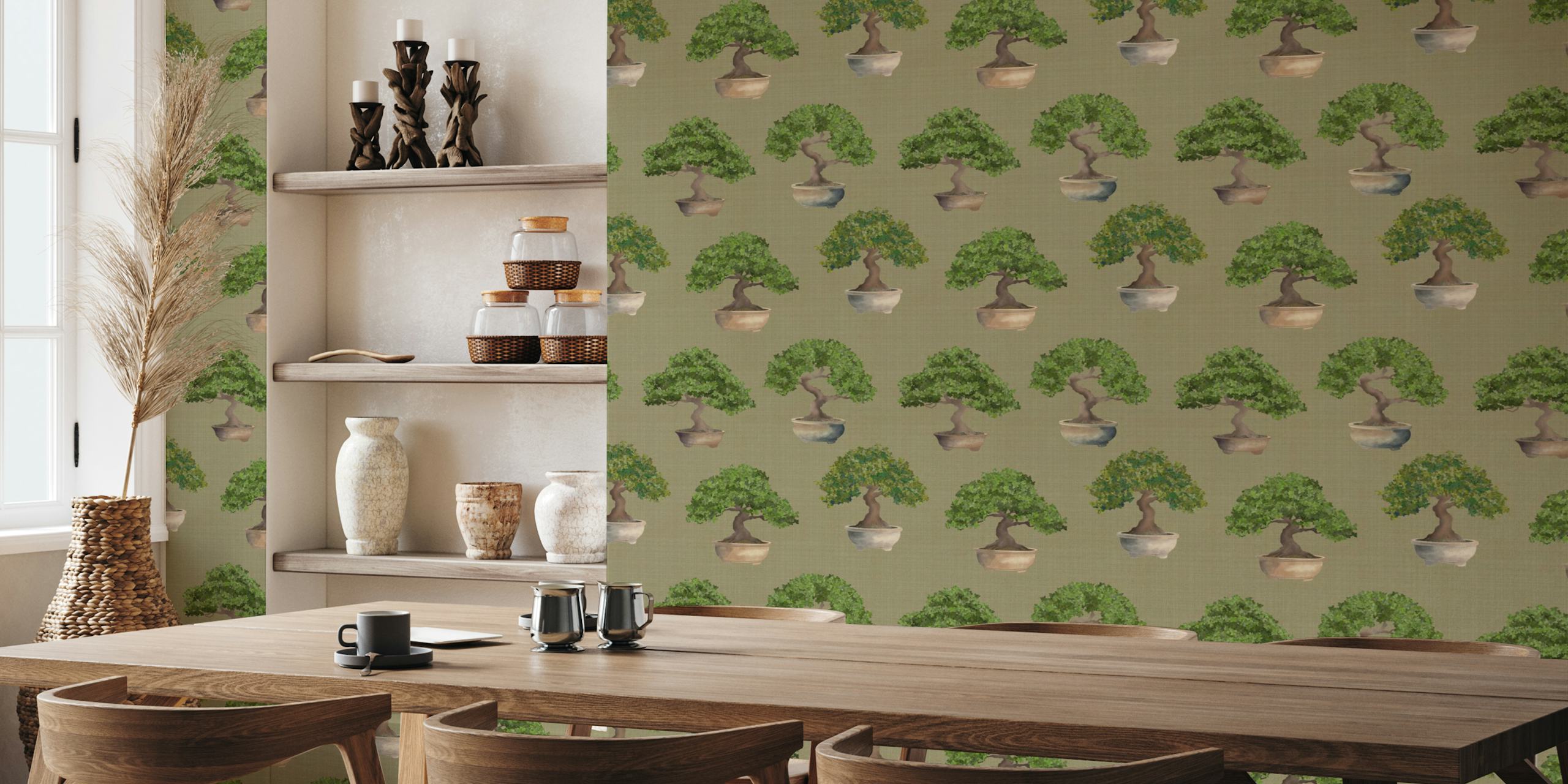 Potted Japanese Bonsai Trees wall mural featuring a repeating pattern of bonsai in pots on a neutral background