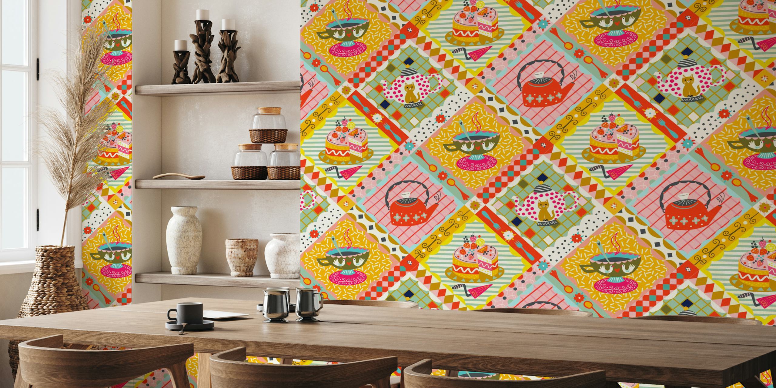 Colorido mural con temática de café y pasteles y un mosaico de tazas de té y teteras.