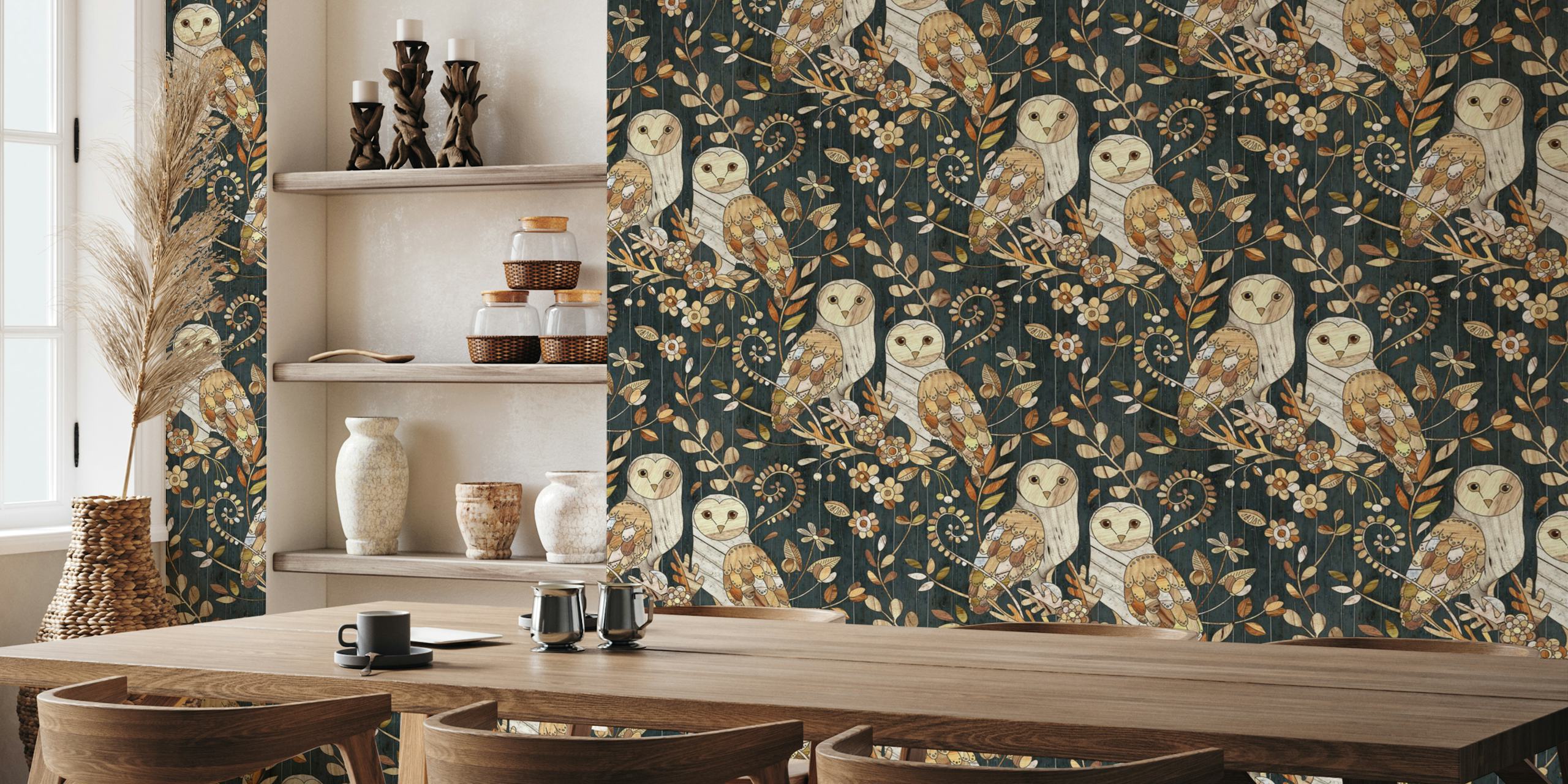 Ταπετσαρία Wooden Wonderland Barn Owl Collage σε ένα δωμάτιο