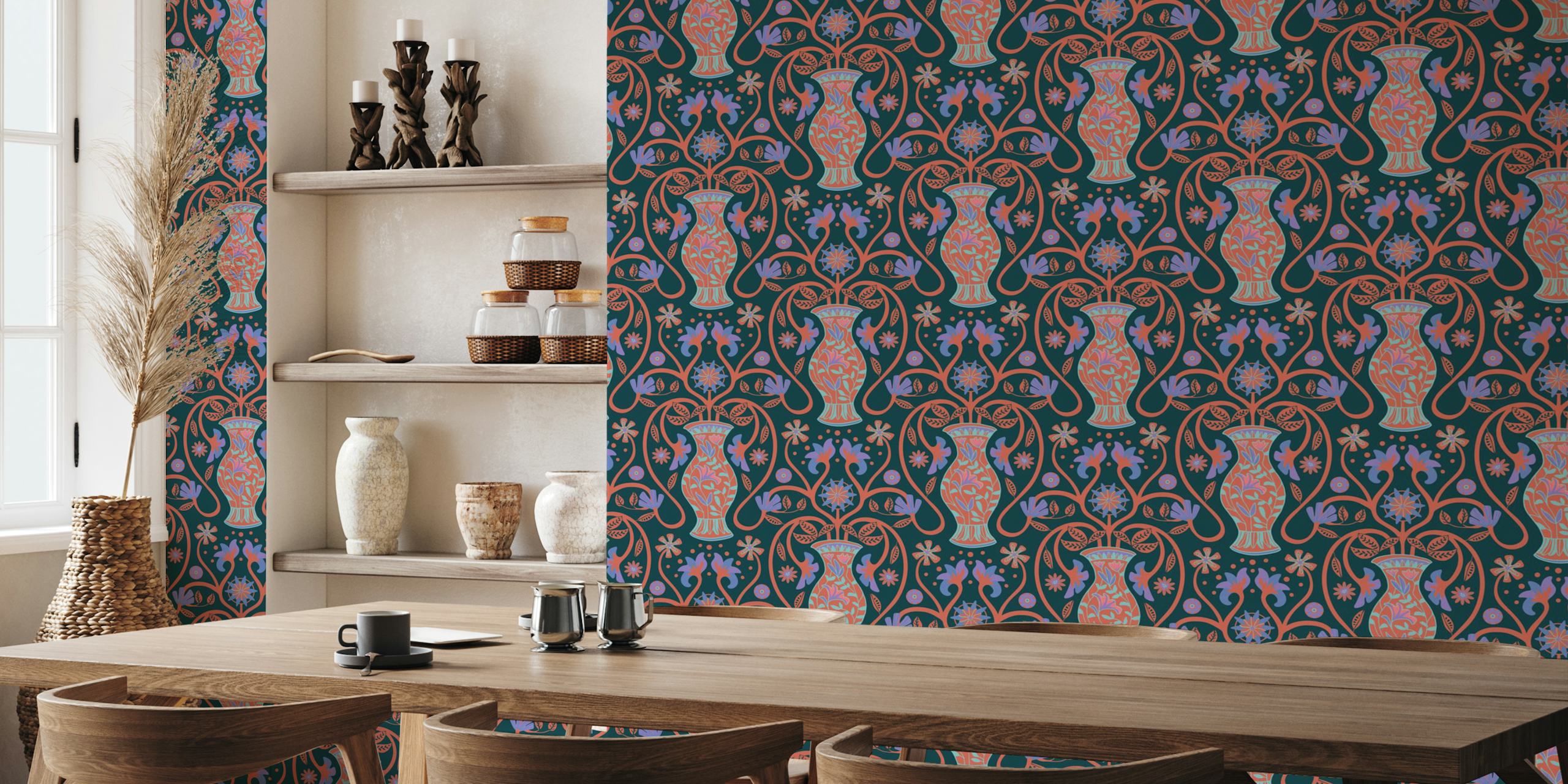 Mediterranean floral terracotta design with vases and flowers wallpaper