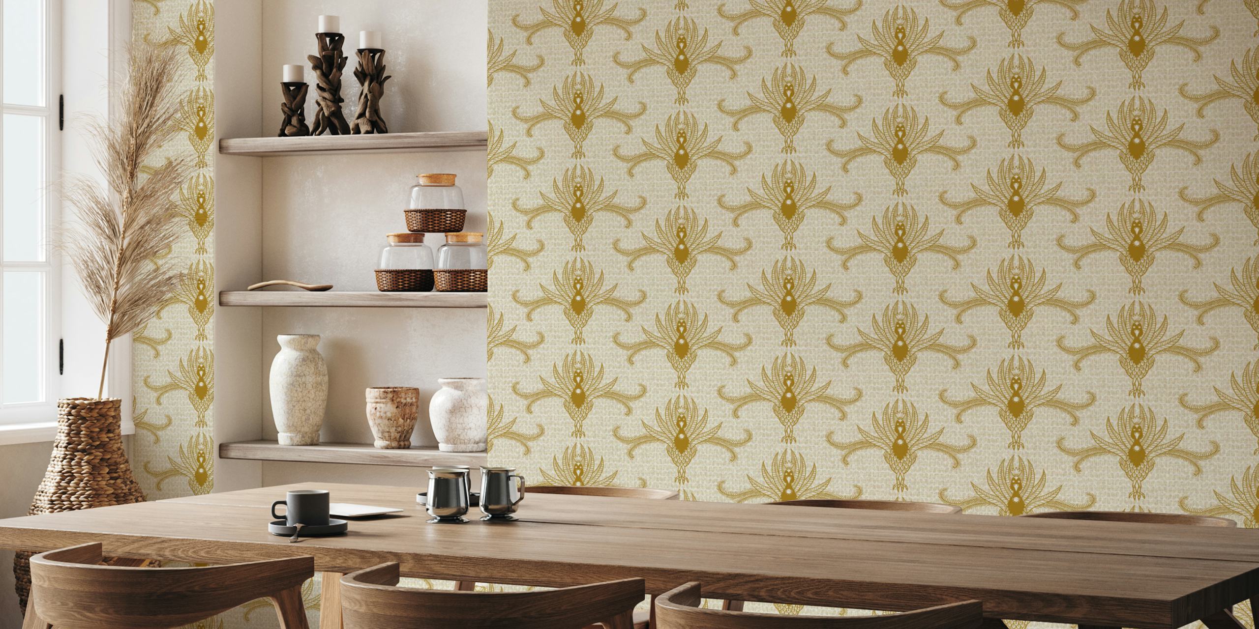 Papel de parede Golden Peacock exibido em um quarto
