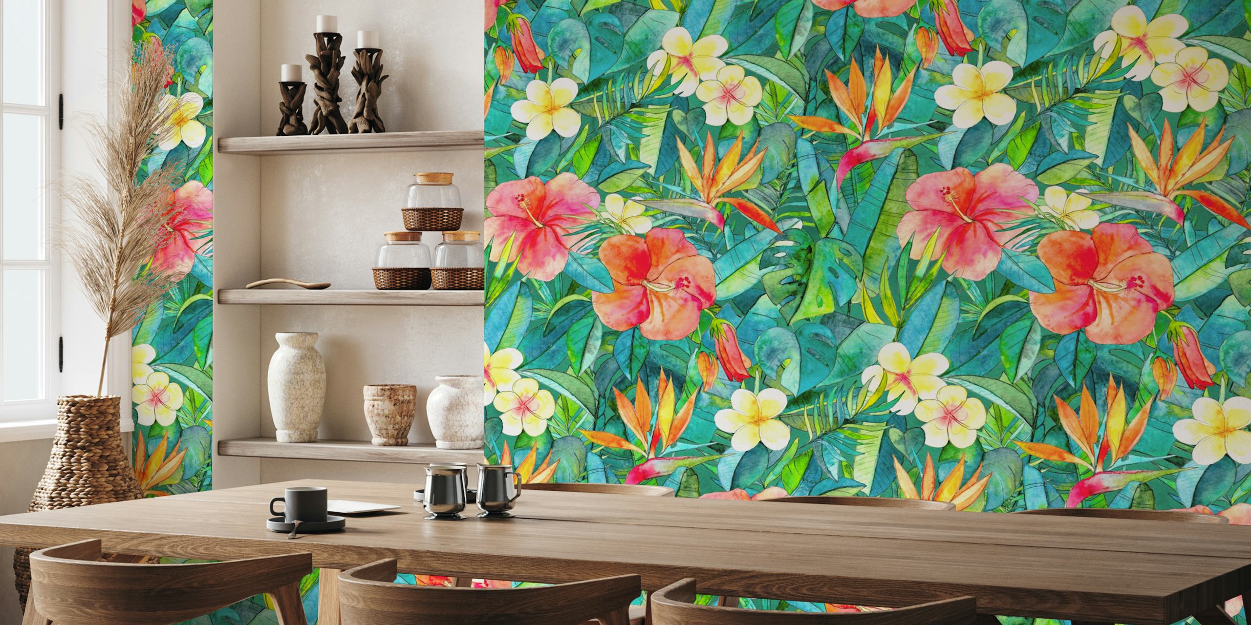 Tropical floral wallpaper featuring hibiscus and greenery in vibrant colors