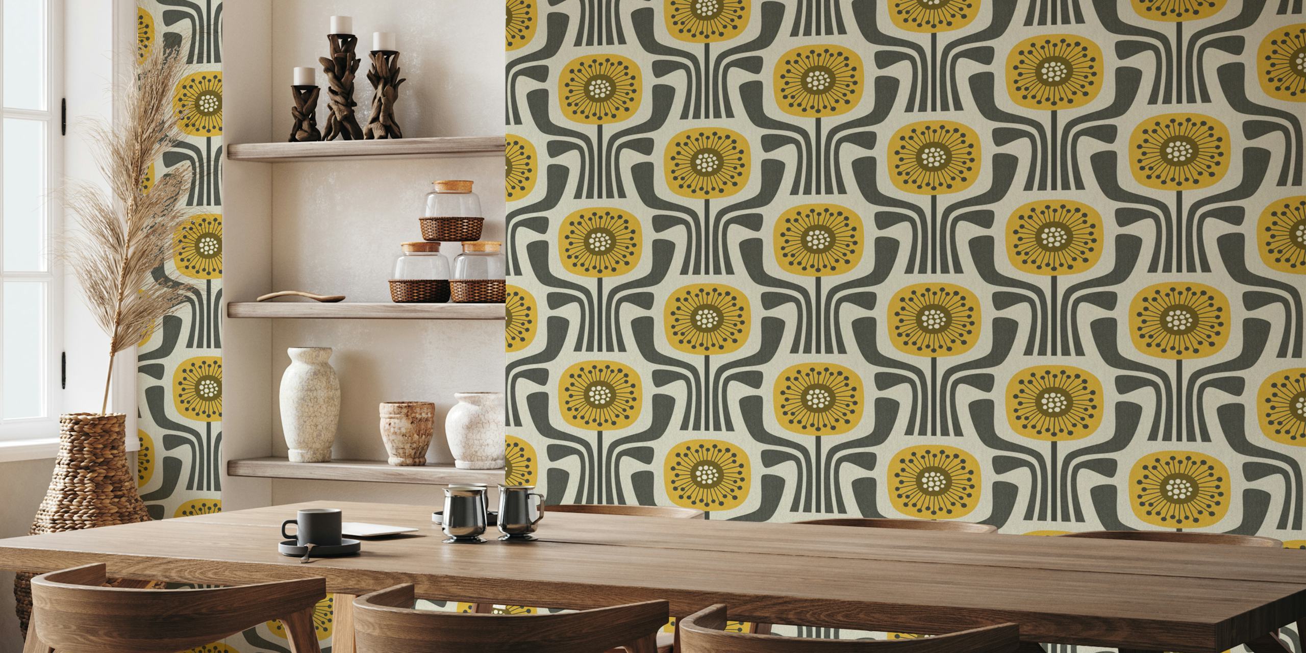 Retro geometric flowers v1 - mustard, brown in einem Raum