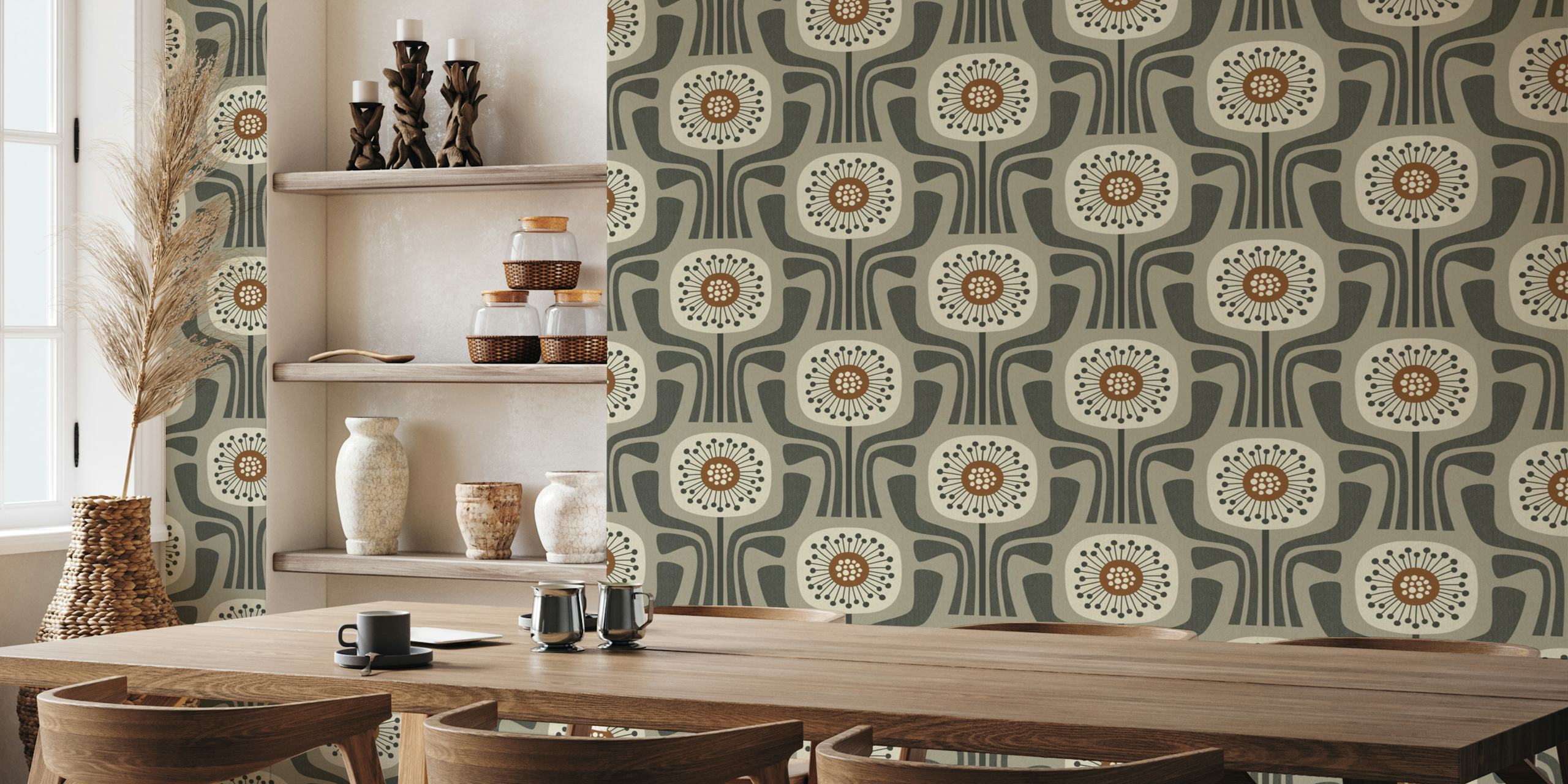 Retro geometric flower patterns in beige and brown wallpaper