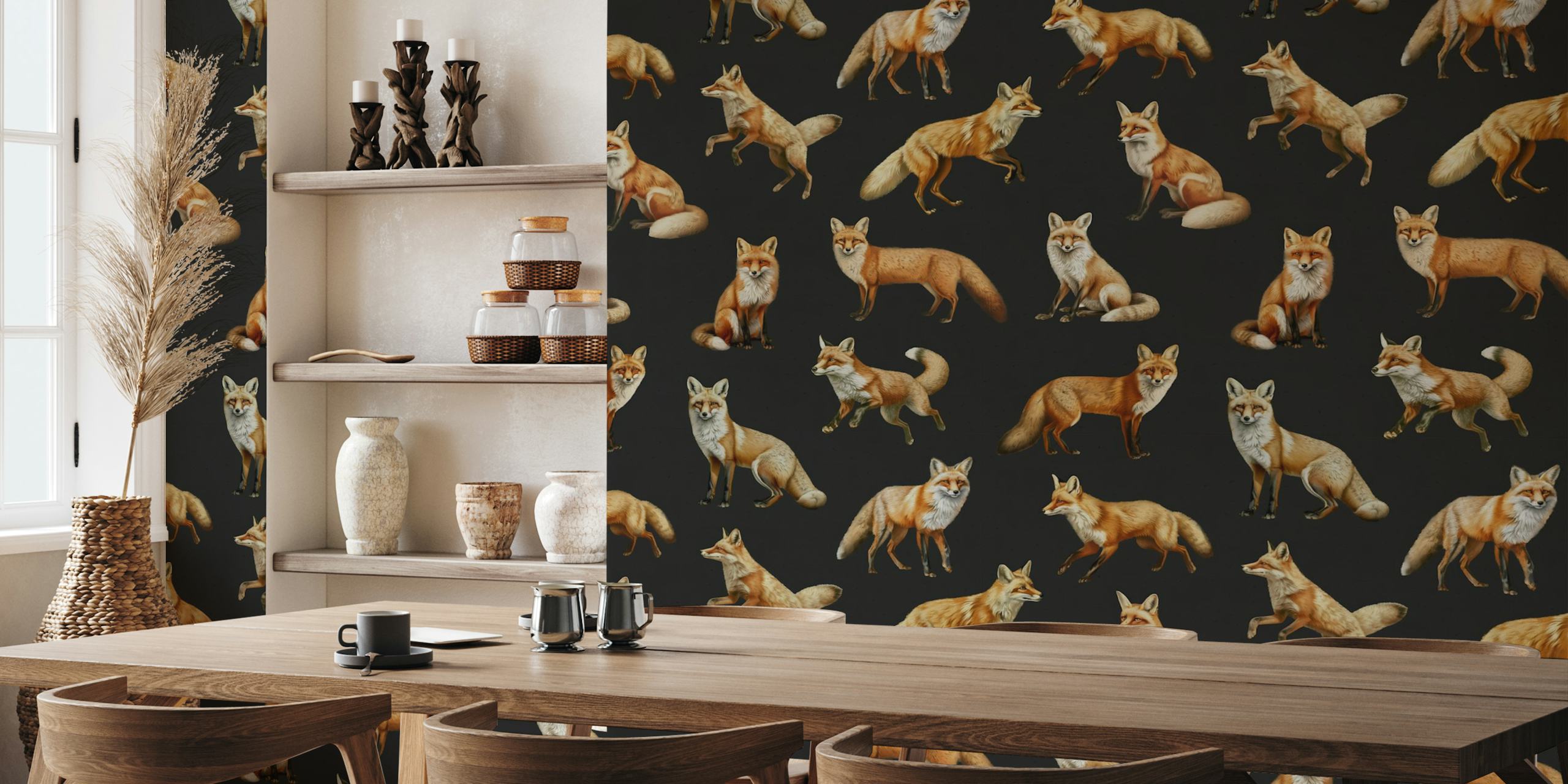 Various fox illustrations on a dark background wallpaper