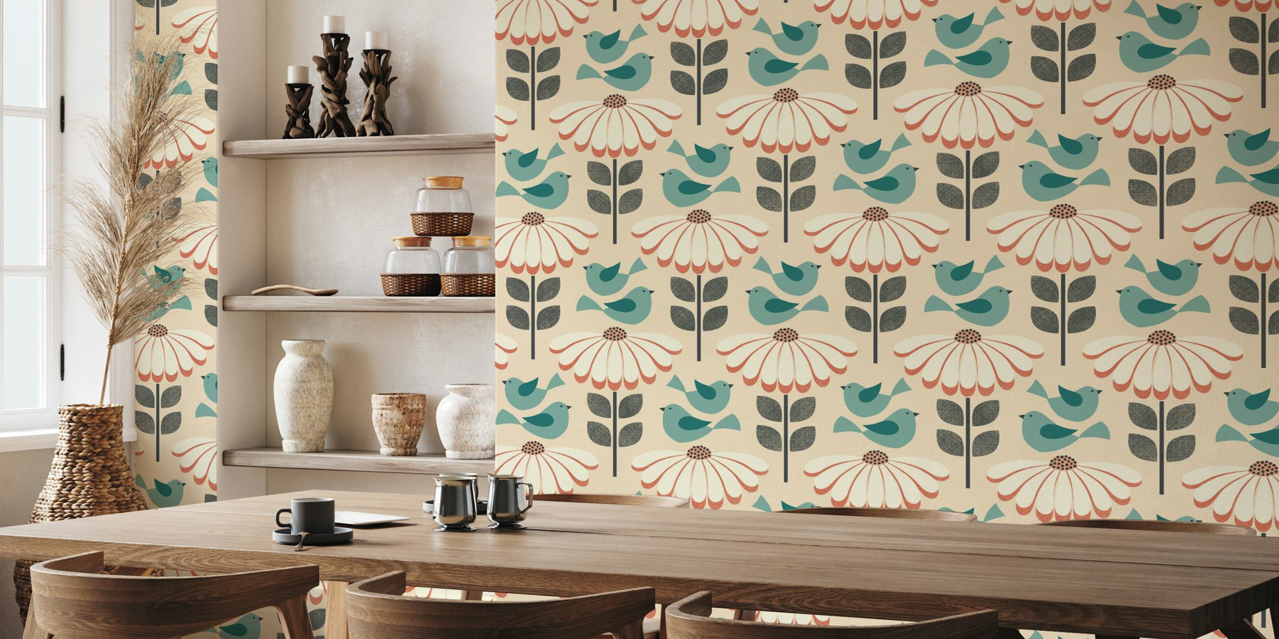 Daisies with fluttering birds - blue, coral