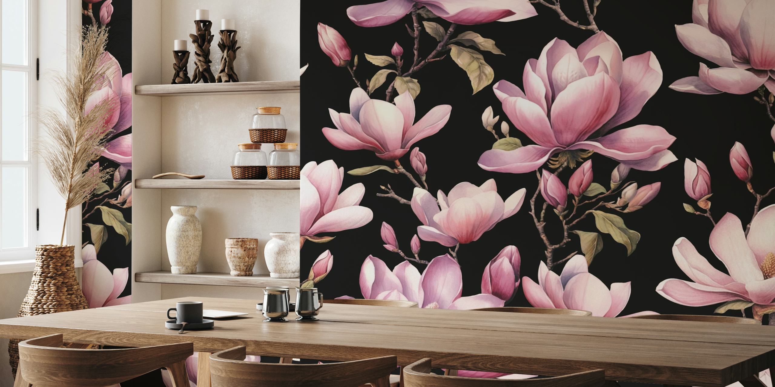 Pink magnolia flowers and buds with green leaves on a black background floral wallpaper