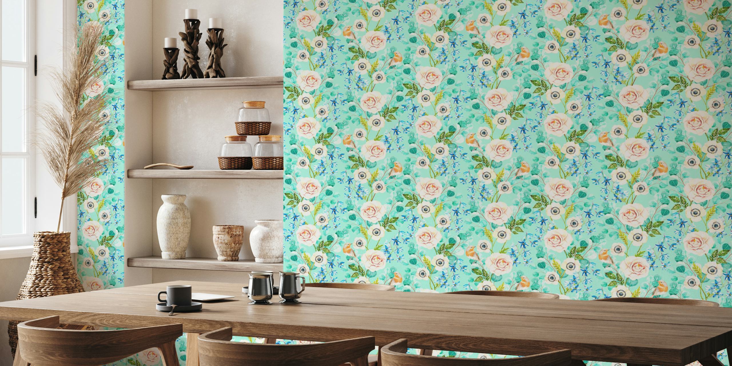 Handpainted flowers and birds wallpaper in a room