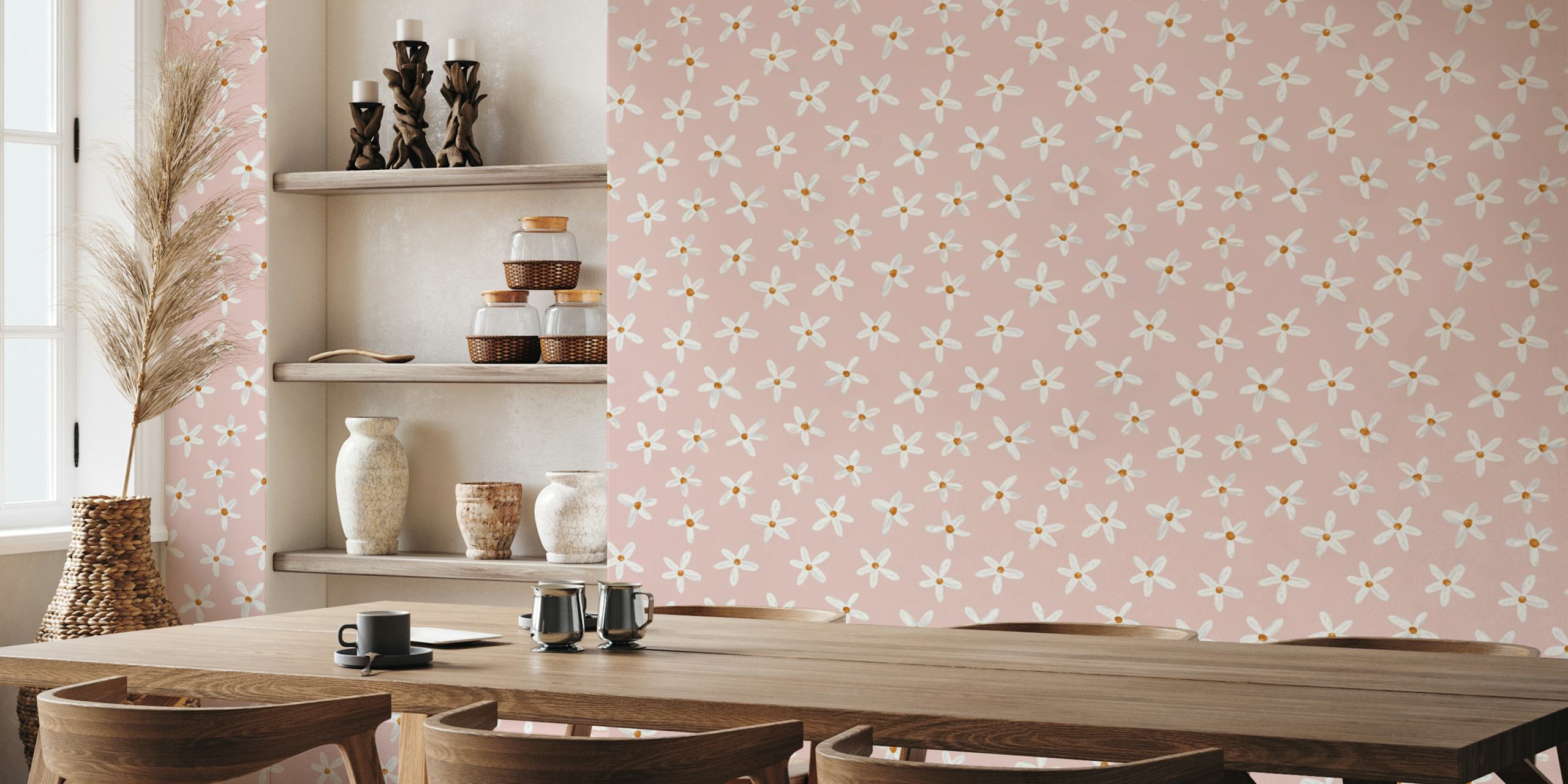 White daisies with yellow centers on pink background wallpaper