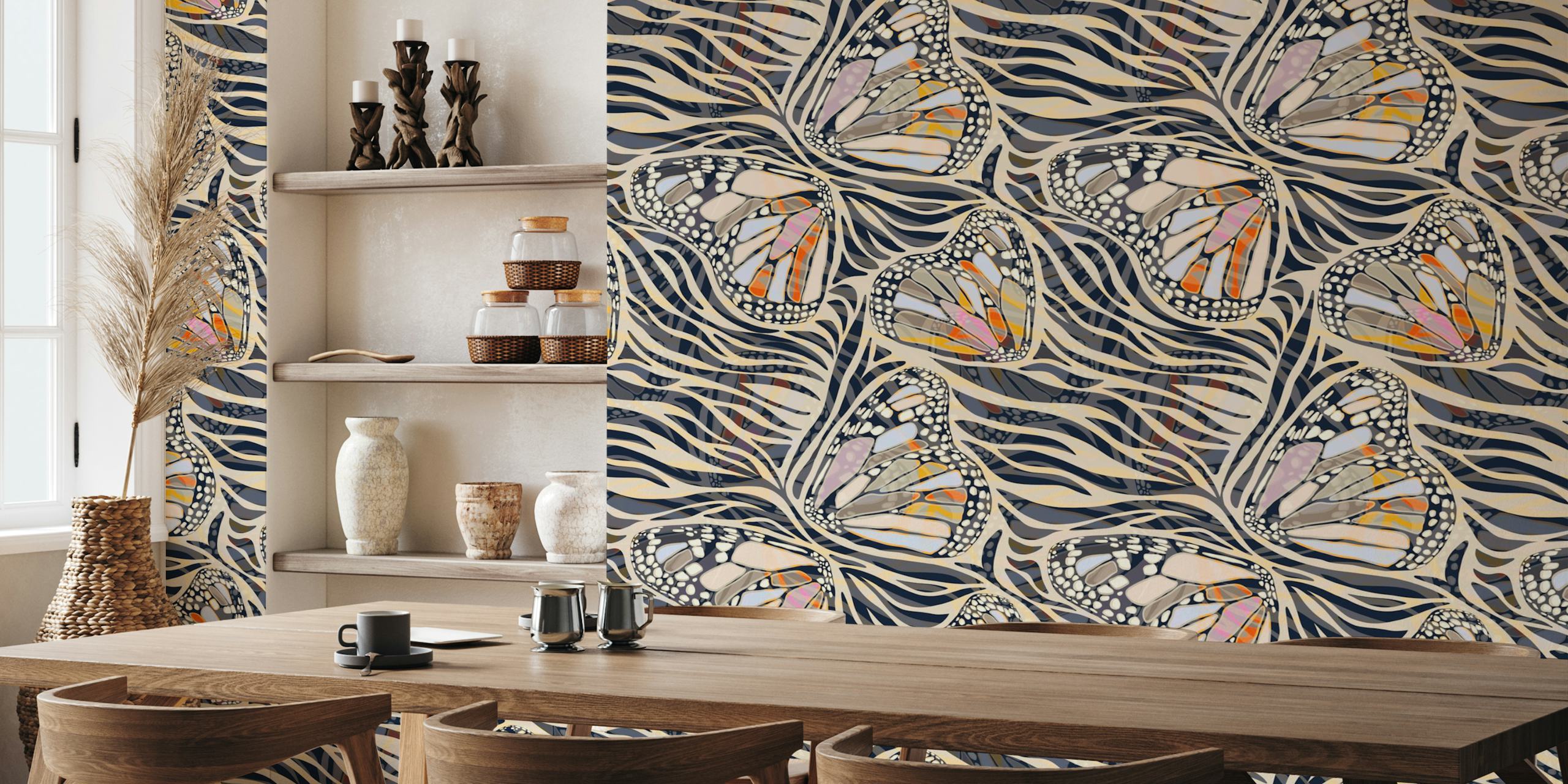 Zebra butterfly pattern with earthy colors on a wallpaper