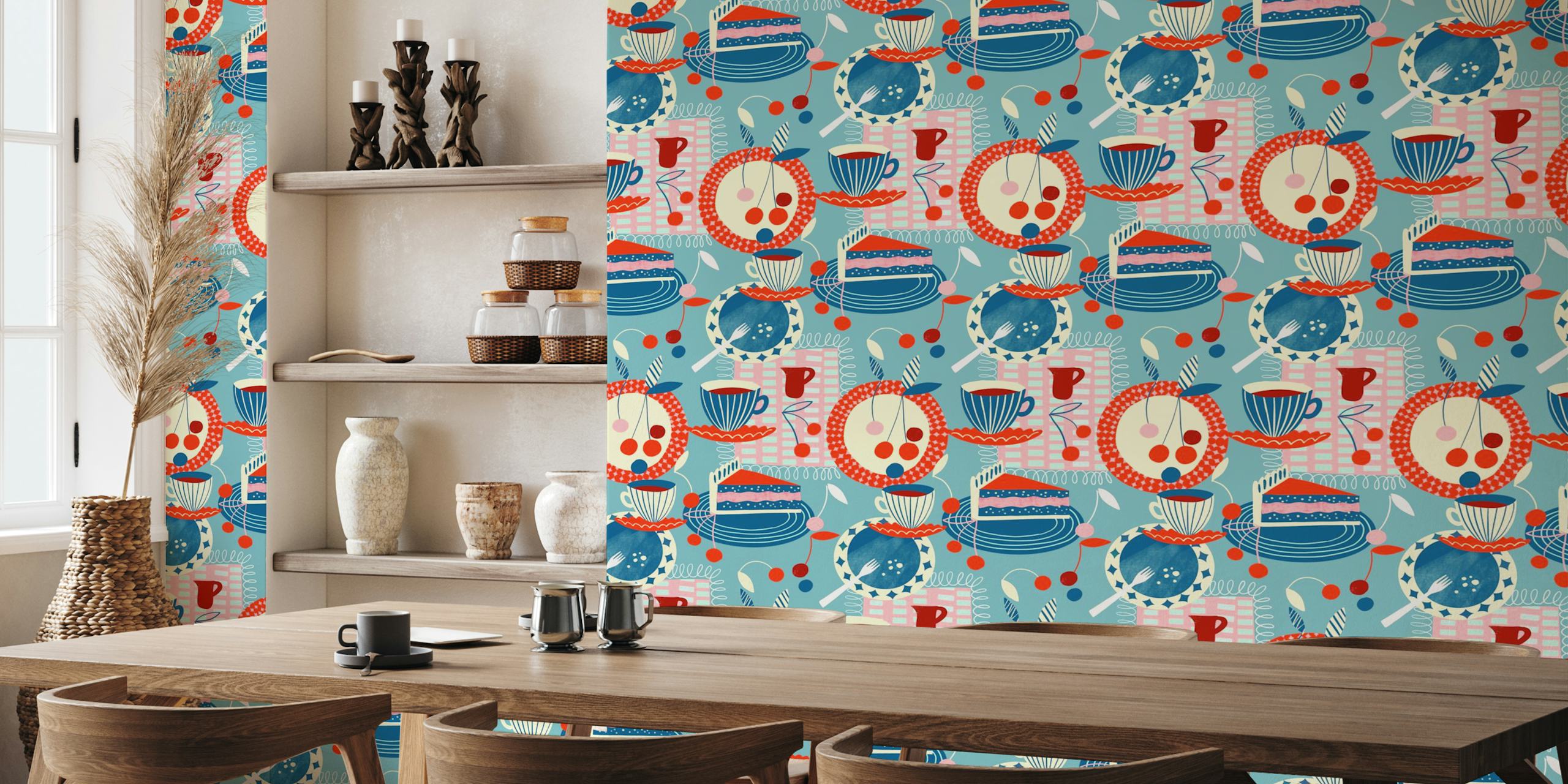 Colorful cherry pie and cup pattern on blue wallpaper