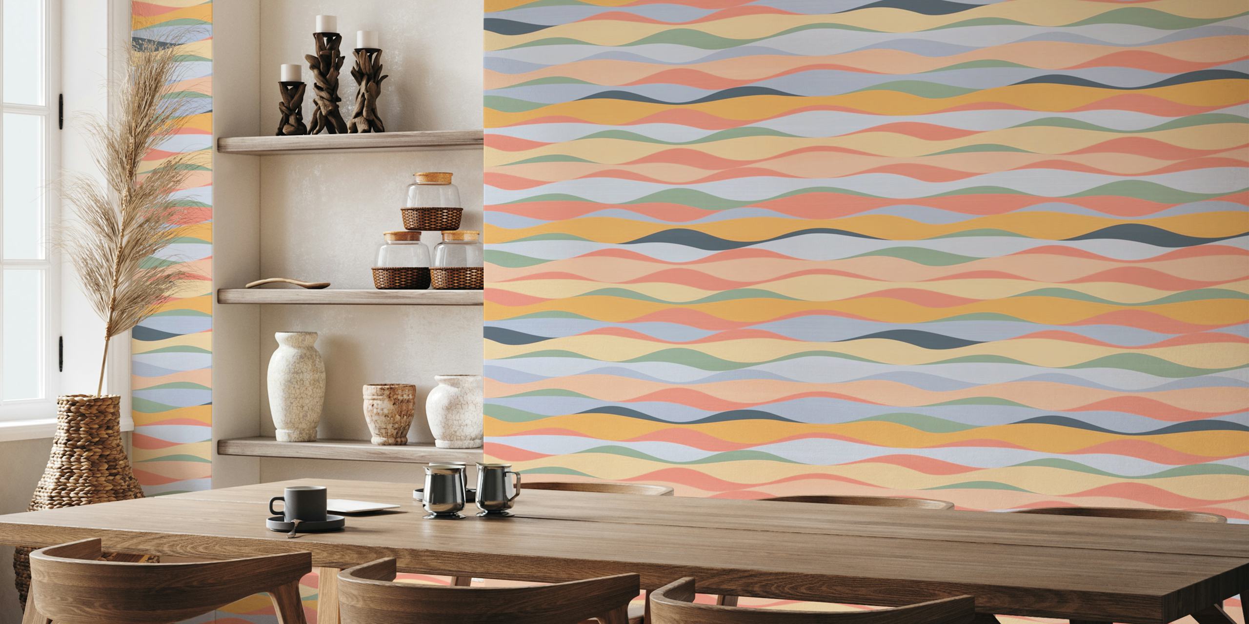 Pastel colored wavy lines wall mural creating a tranquil and serene ambiance.