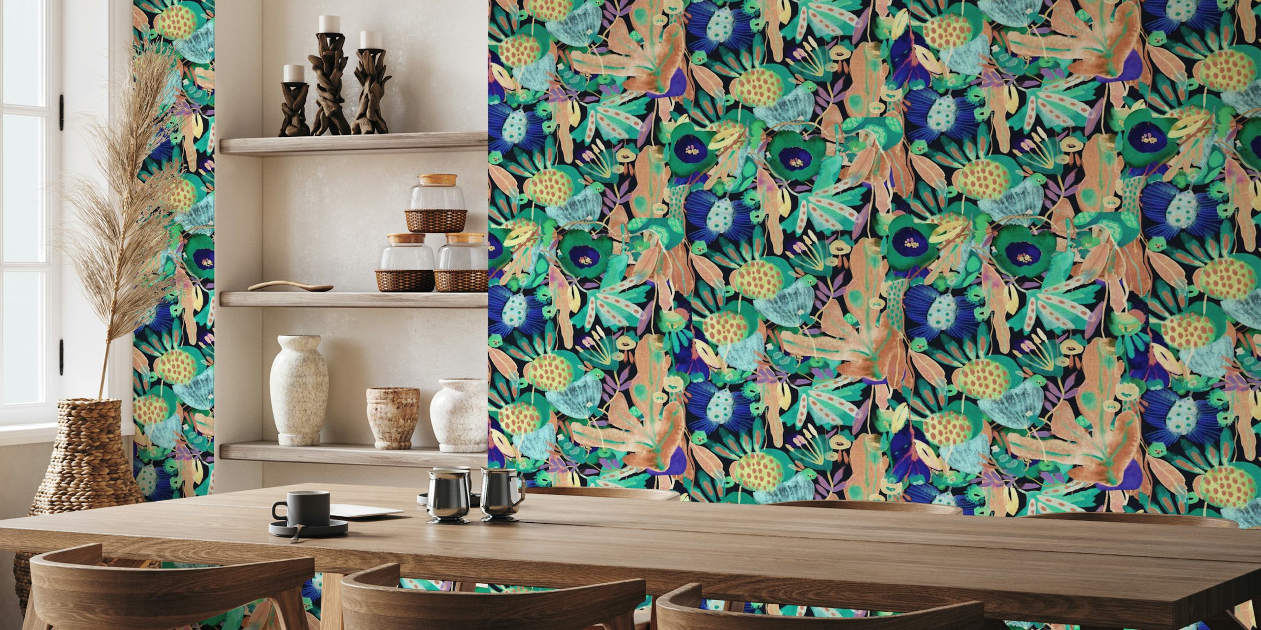 Floral Camouflage wall mural with teal, purple, and green colors