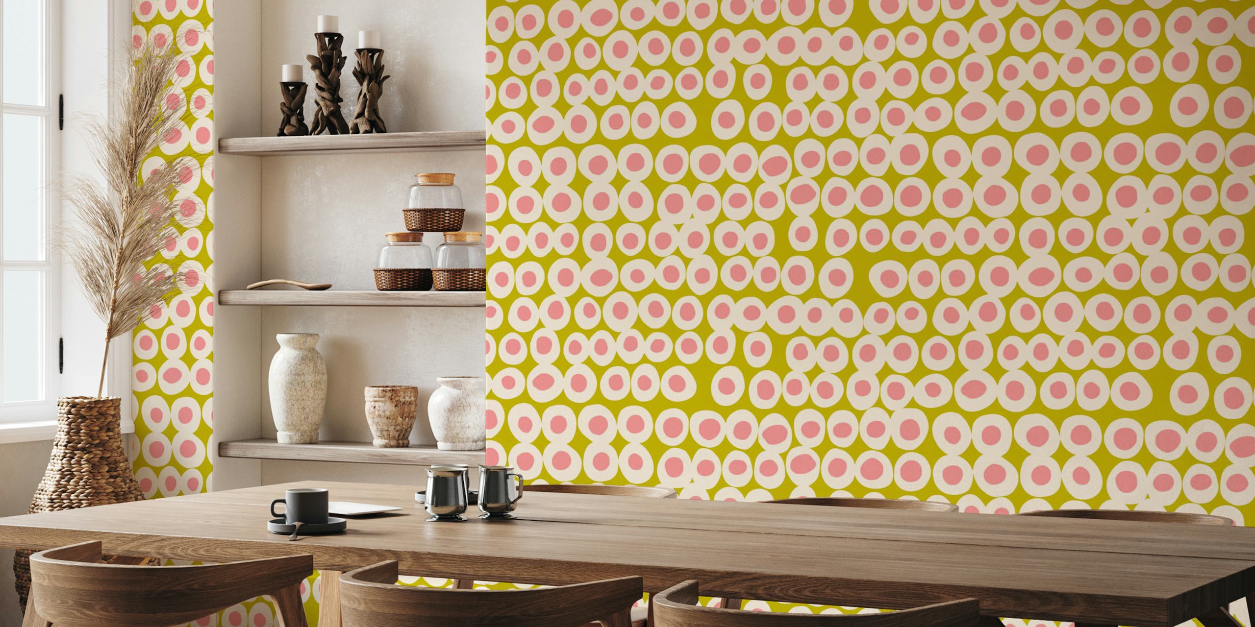 Bold dots in pink and olive on a cream background wallpaper