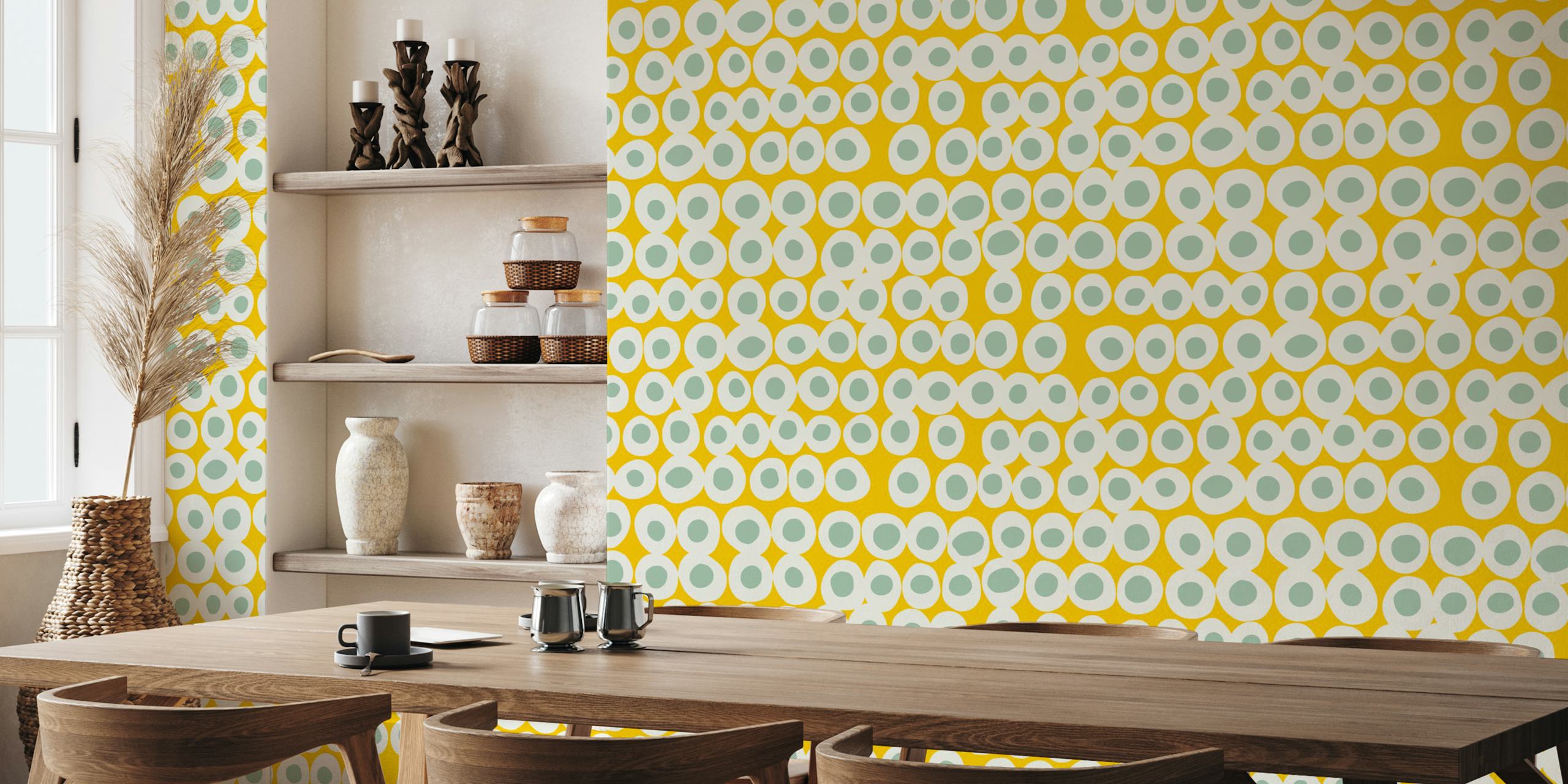 Yellow and mint bold dots wallpaper in a room