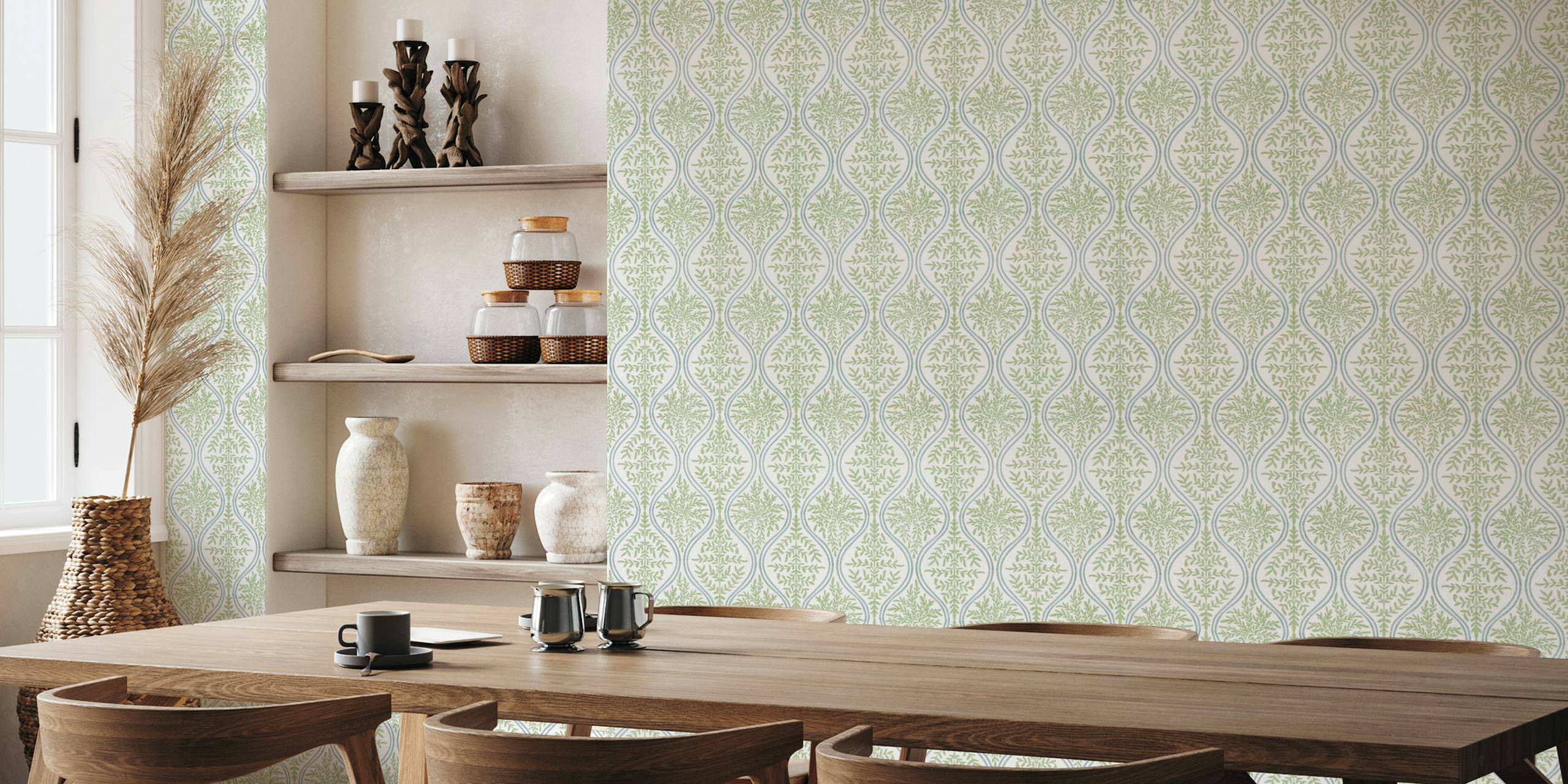 Green leafy pattern on white background wallpaper