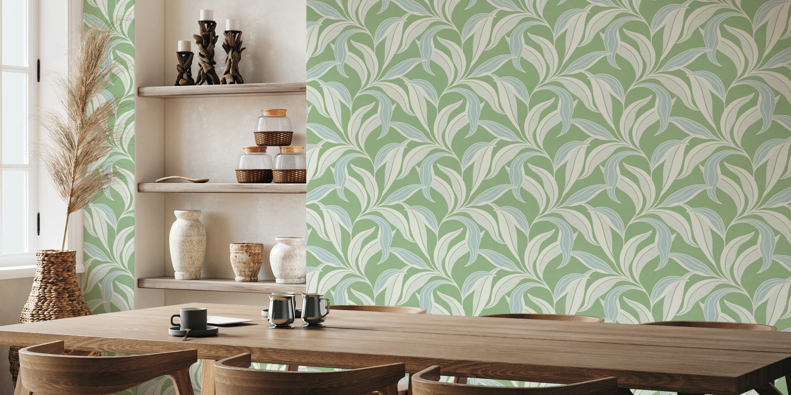 Light green sage foliage wallpaper in a room