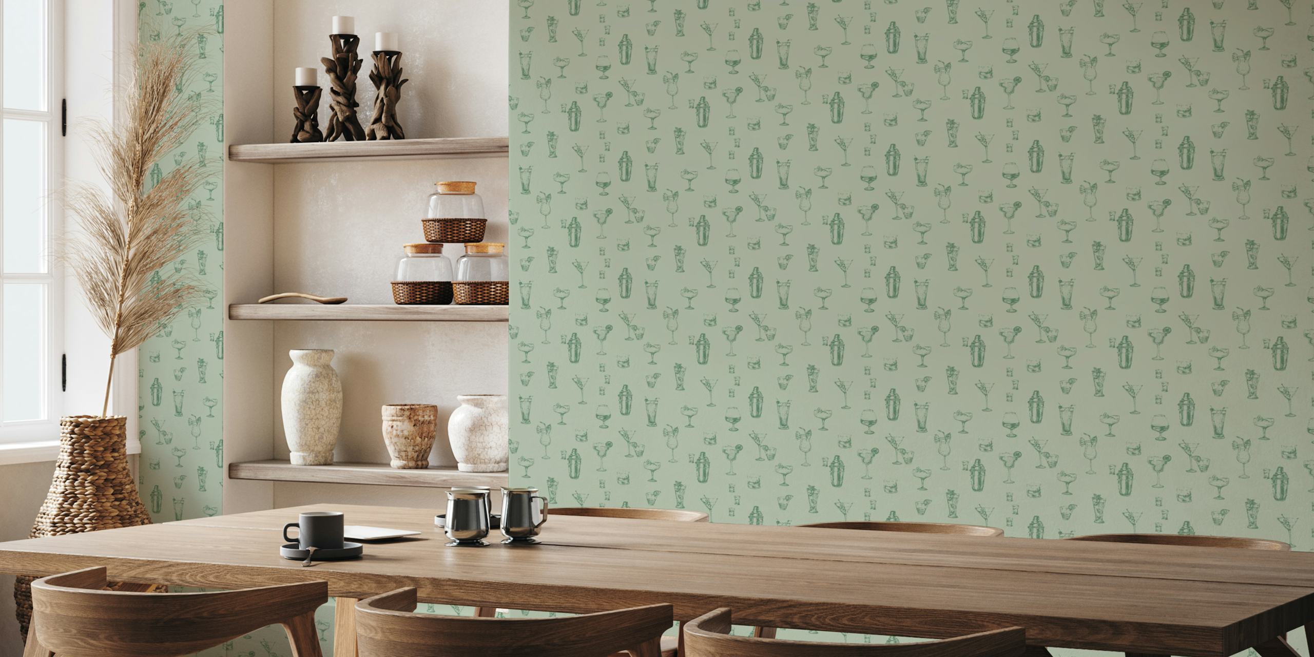 Cocktail glasses and shaker illustrations in green on light background wallpaper