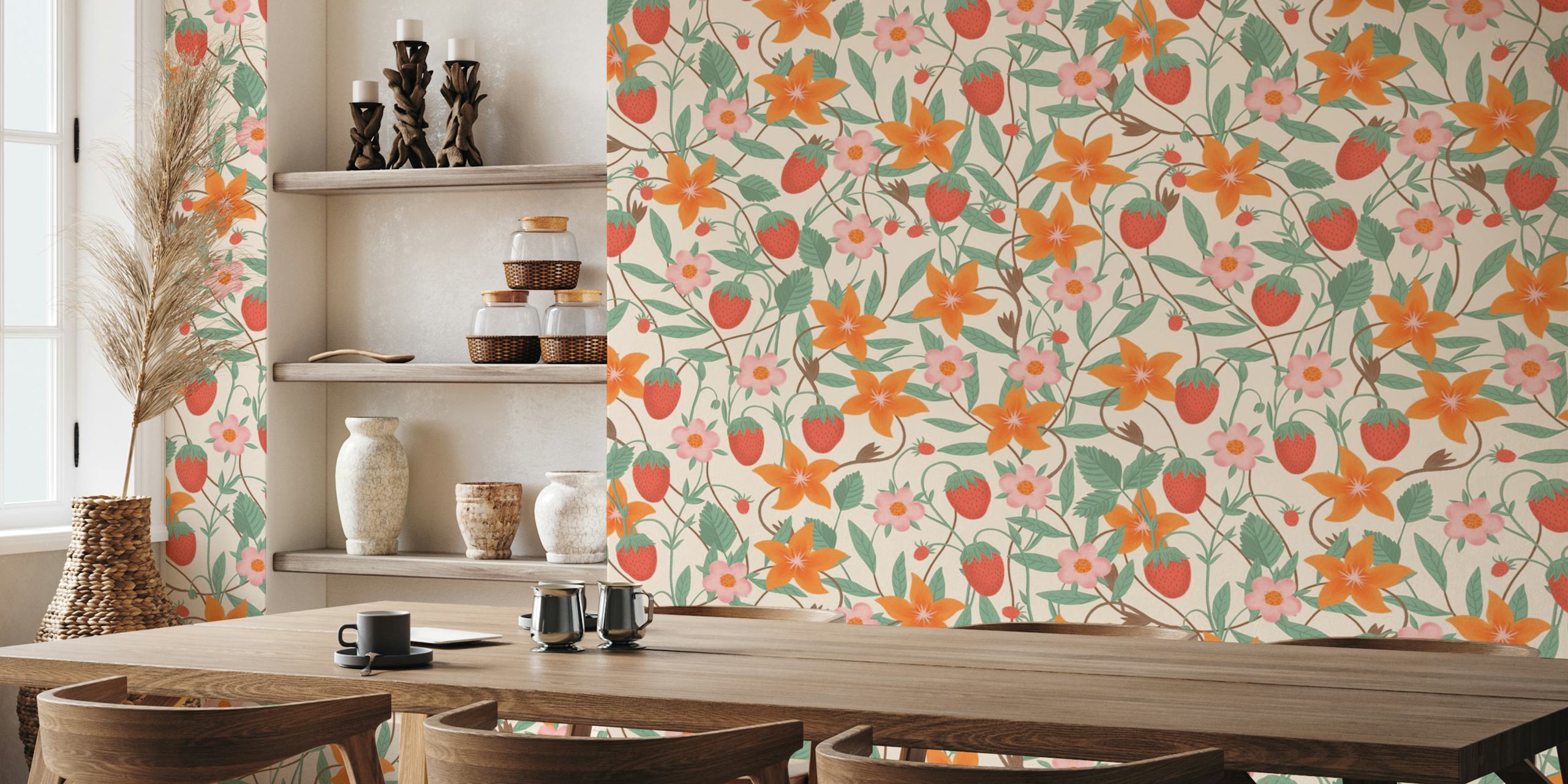 Colorful strawberries and flowers on cream background wallpaper