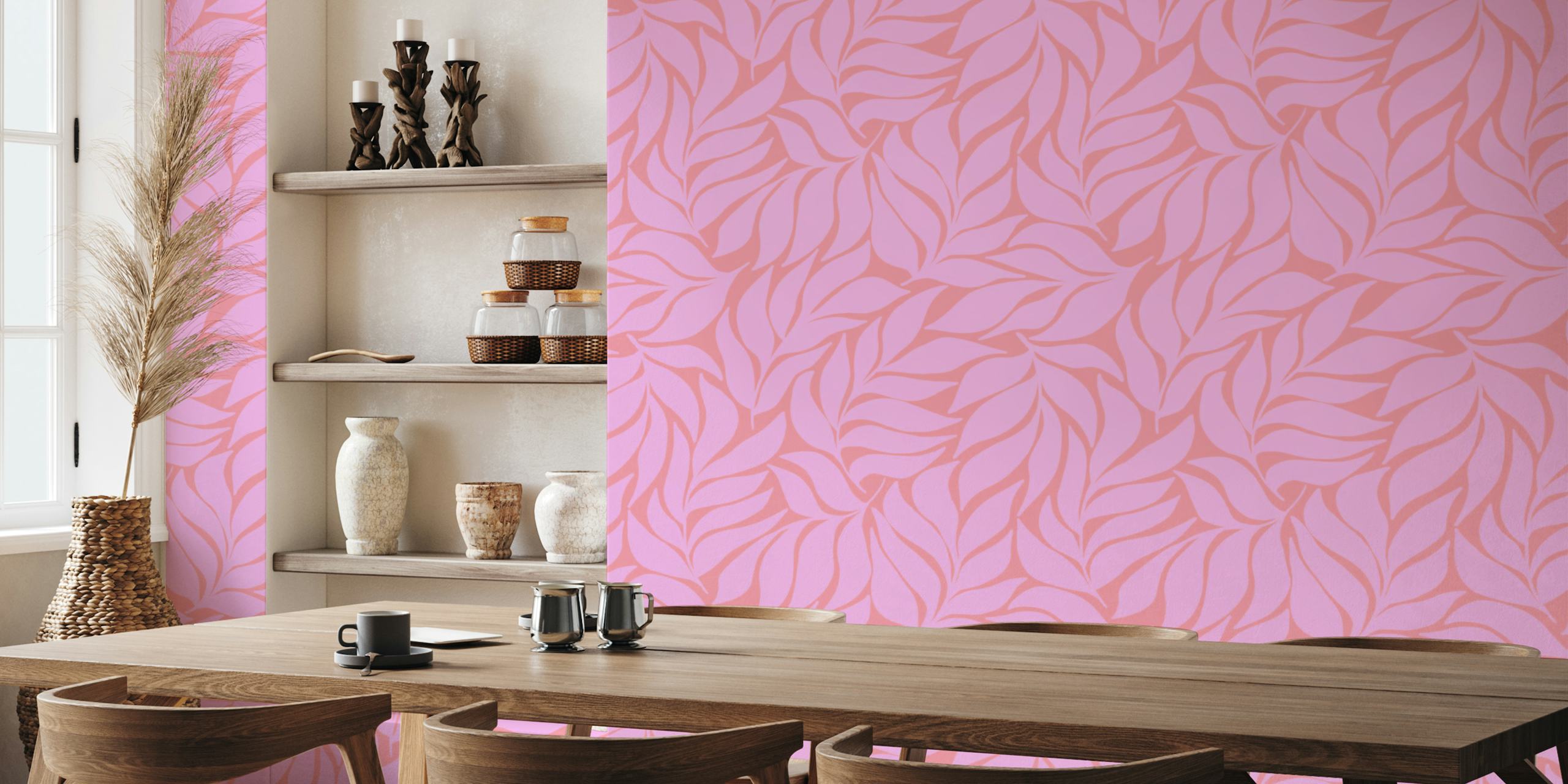 Carta da parati Wavy Tropical Leaves in rosa tenue