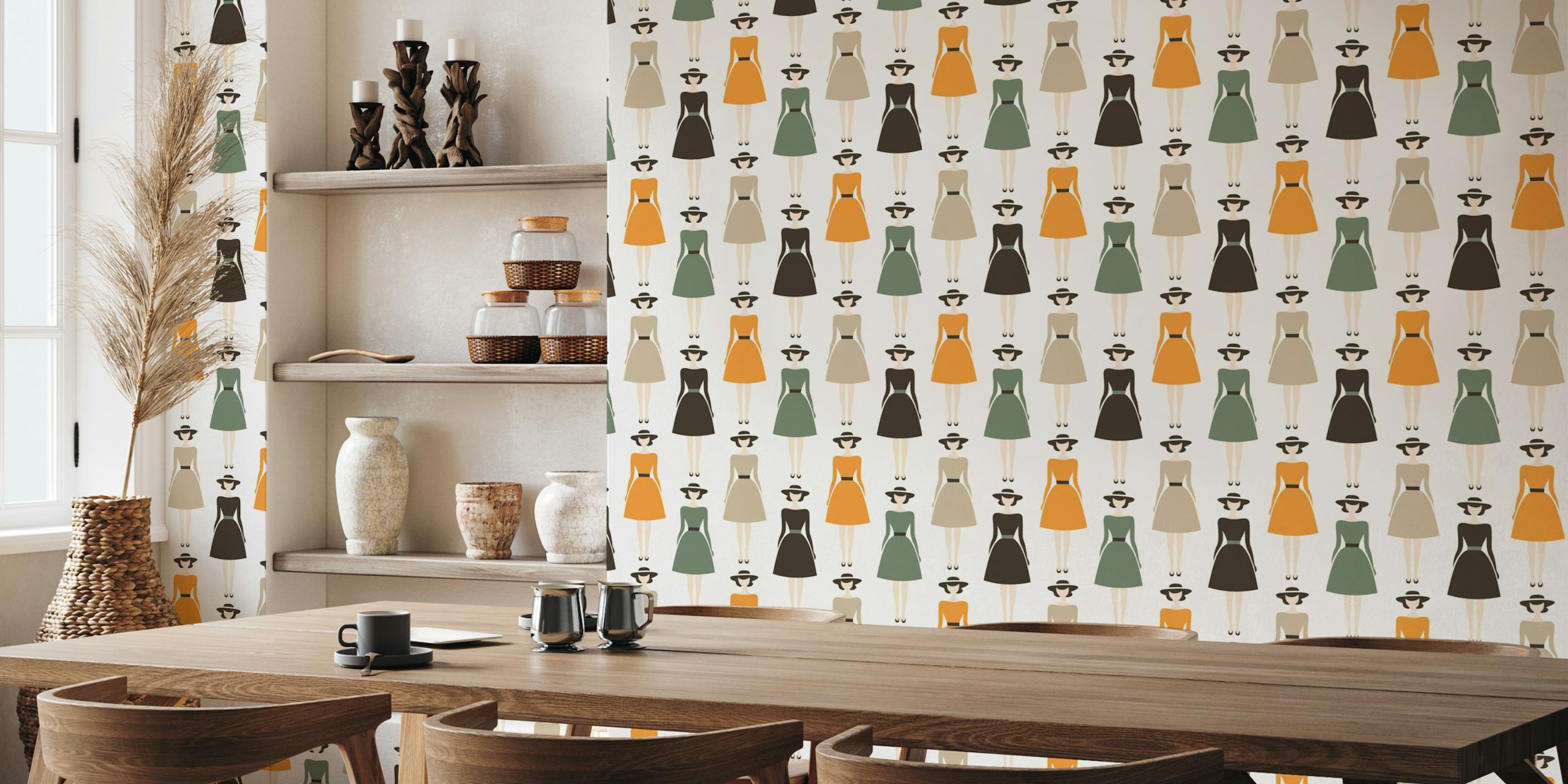 Illustrationen von Frauen in vintage Kleidern und Hüten auf cremefarbenem Hintergrund, Retro Wallpaper