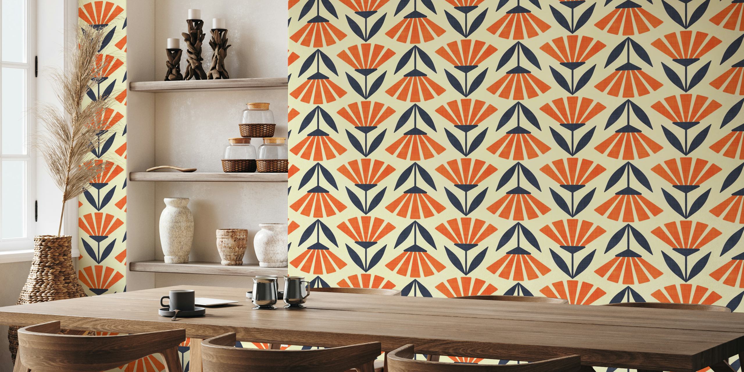Geometric floral pattern in cream, orange, and navy wallpaper