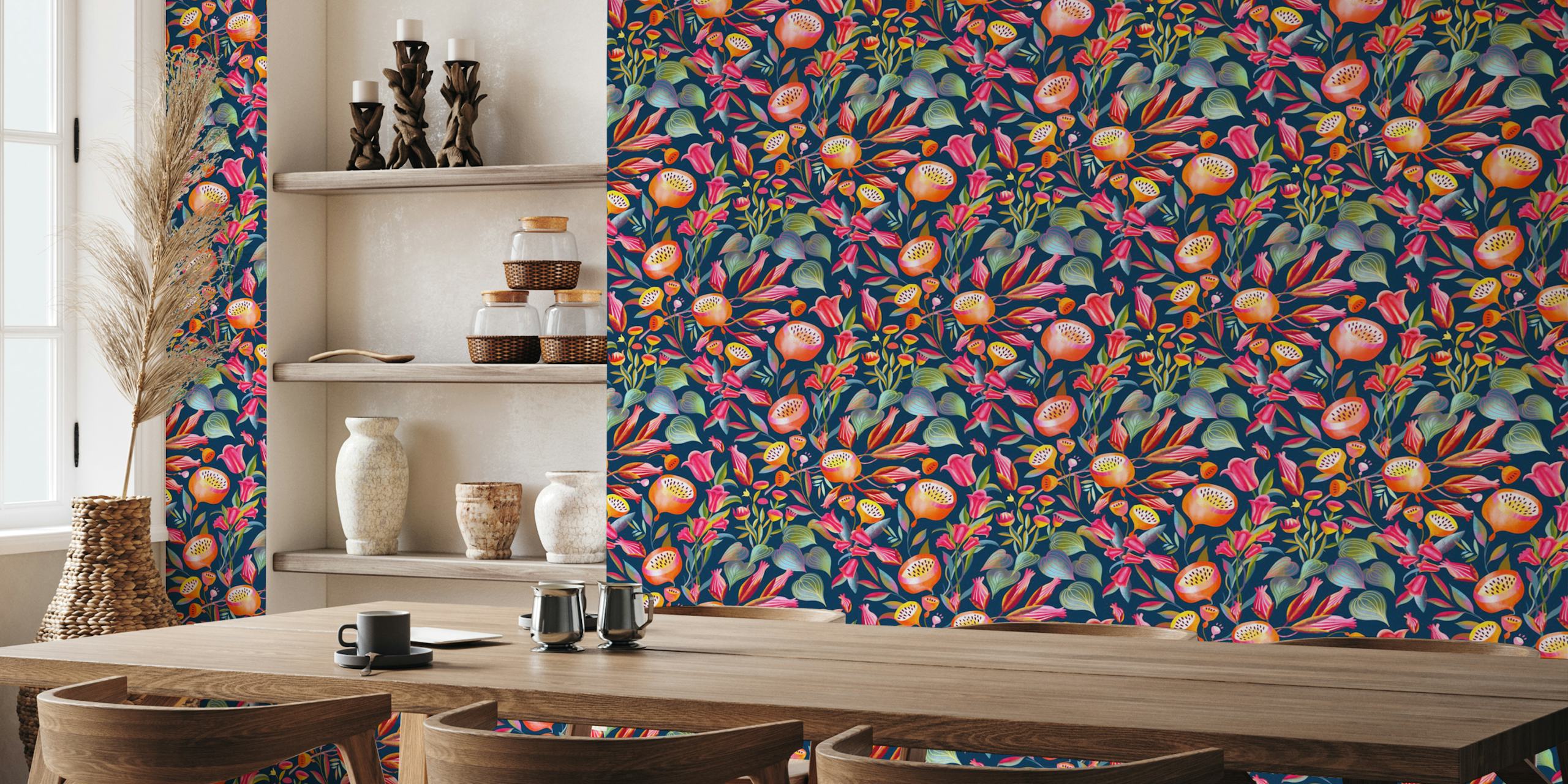 Colorful flowers on dark blue background floral wallpaper