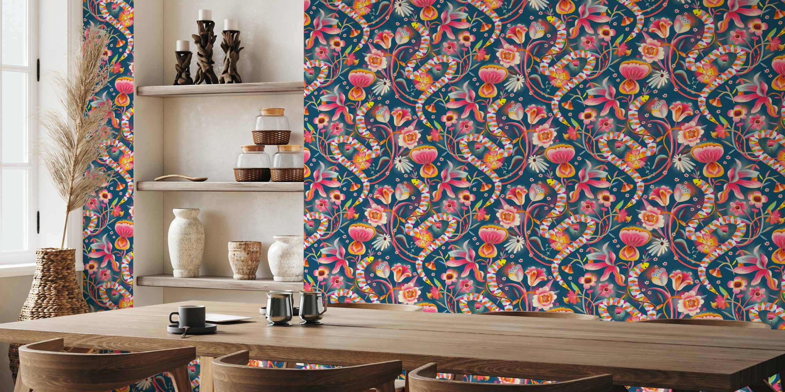 Colorful snakes and flowers on blue background wallpaper